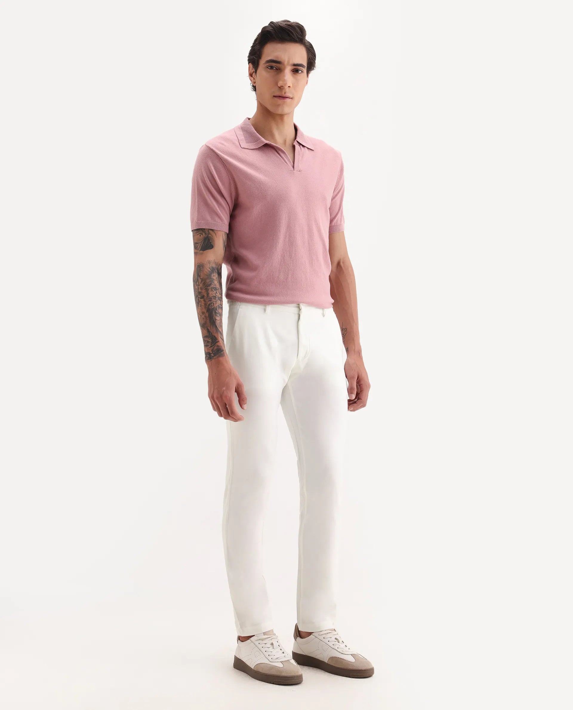 Rare Rabbit Men's Travellers Off White Solid Mid-Rise Regular Fit Trouser