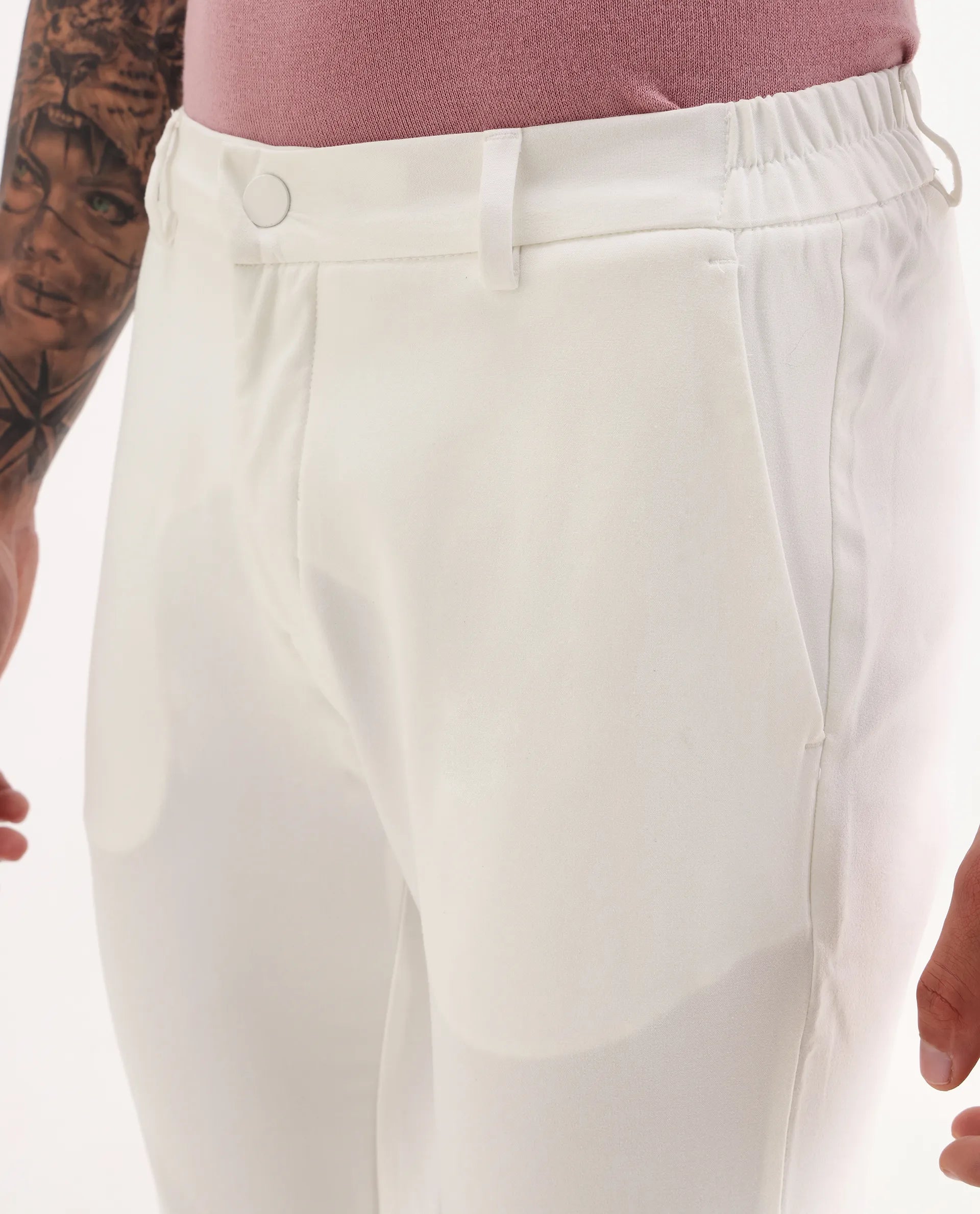 Rare Rabbit Men's Travellers Off White Solid Mid-Rise Regular Fit Trouser