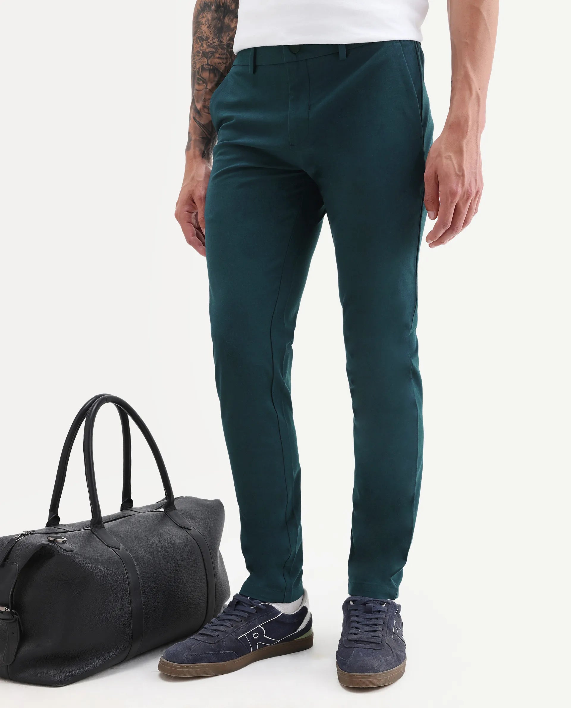 Rare Rabbit Men's Travellers Dark Petrol Solid Mid-Rise Regular Fit Trouser