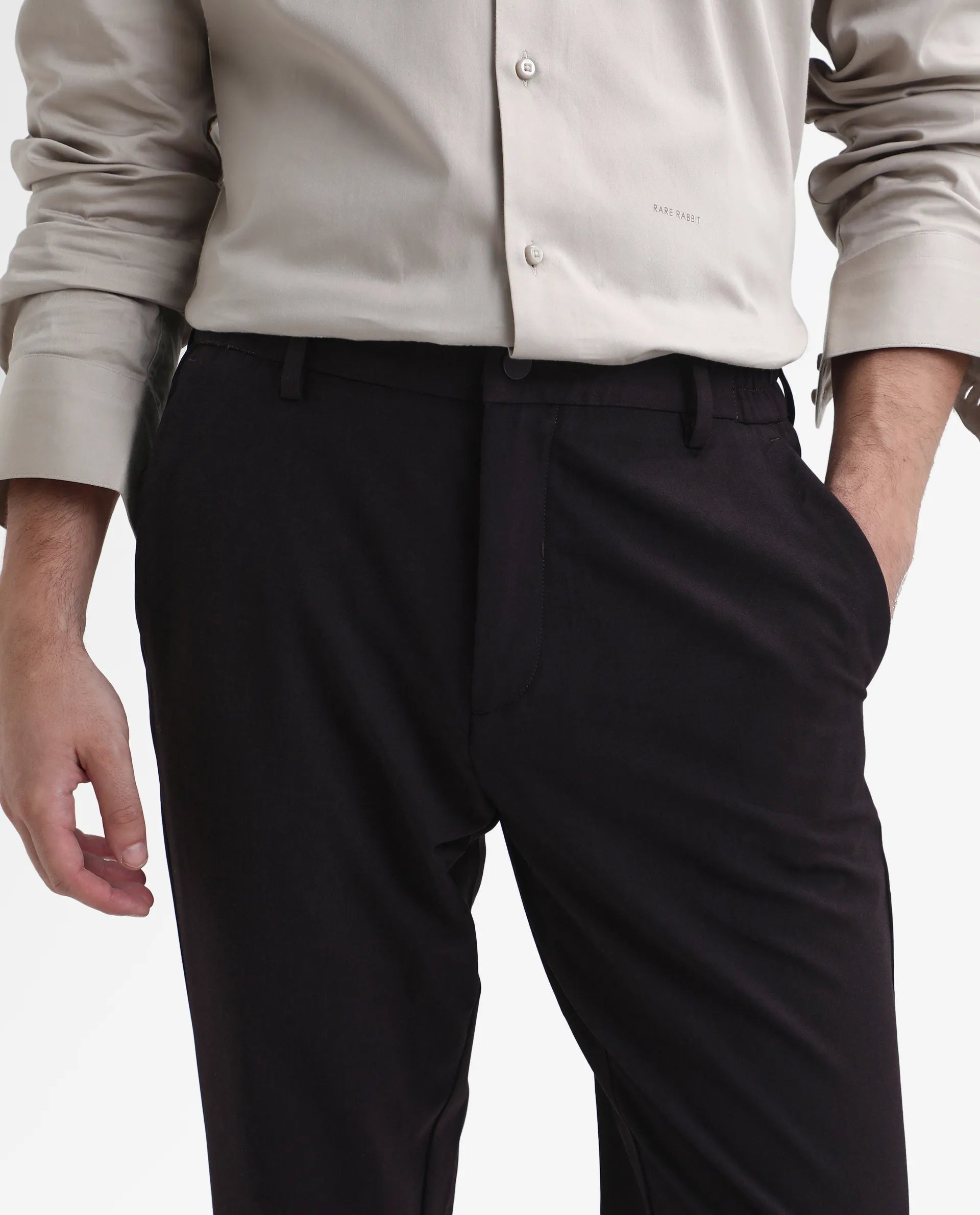 Rare Rabbit Men's Travel-Stk Maroon Polyester Blend Plain Regular Fit Trouser