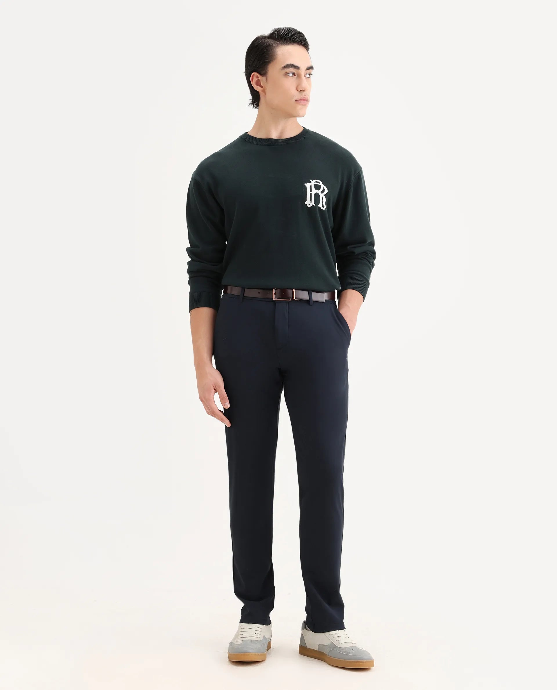 Rare Rabbit Men's Traverse Navy Solid Mid-Rise Regular Fit Stretch Trouser