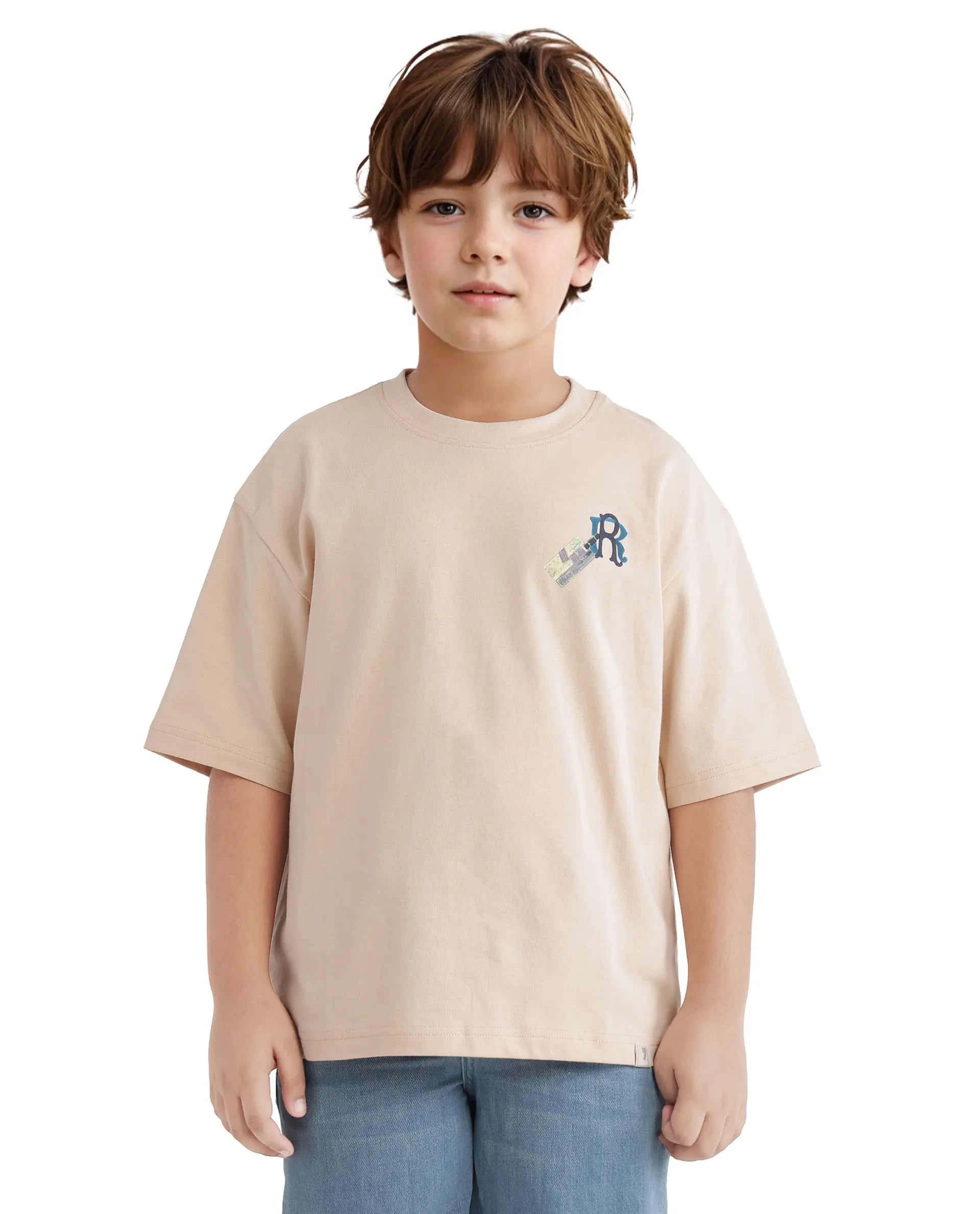 Rare Ones Kids Traw Beige Cotton Half Sleeve Crew Neck T-Shirt
