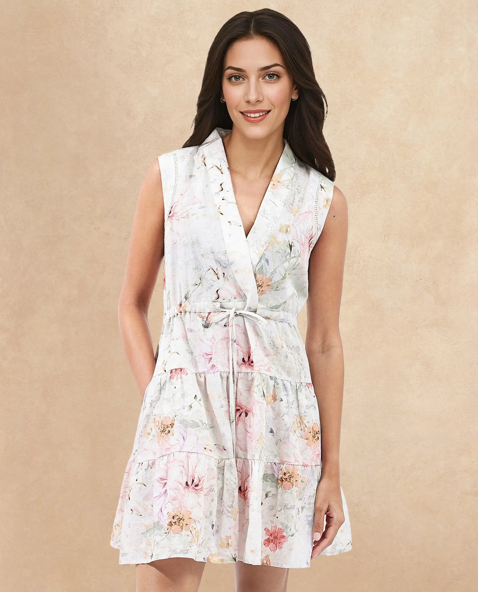 Rareism Women Trazo Multi Sleeveless Over Lap Neck Tie Up Fit And Flare Floral Print Mini Dress