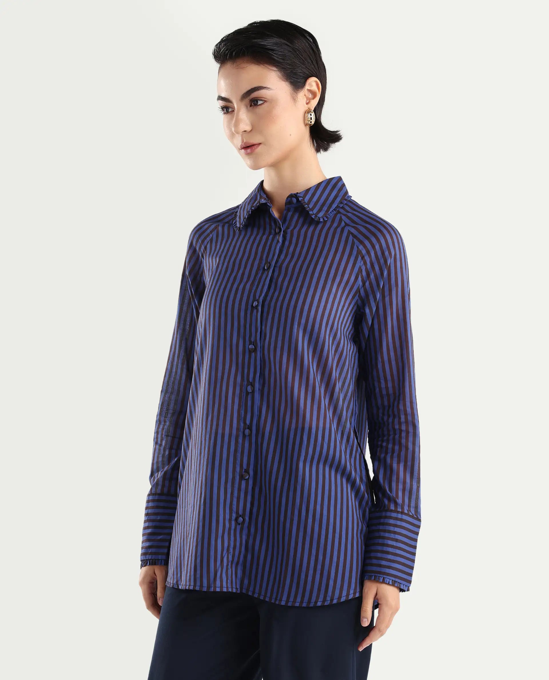 Rareism Women's Treasure Blue Cotton Spread Collar Striped Relaxed Fit Shirt