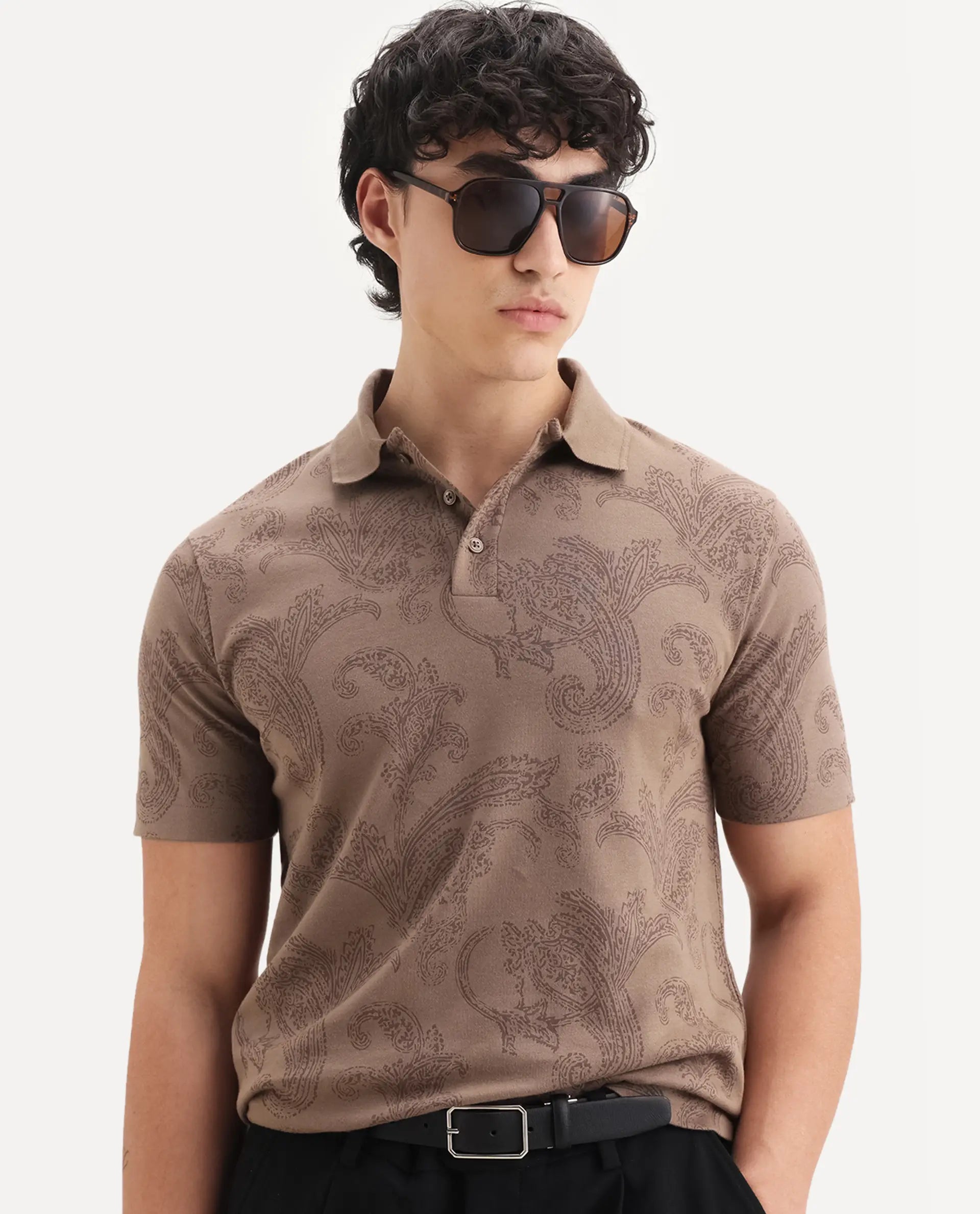 Rare Rabbit Men's Tred Dusky Brown Cotton Fabric Half Sleeve Spread Collar Paisley Polo