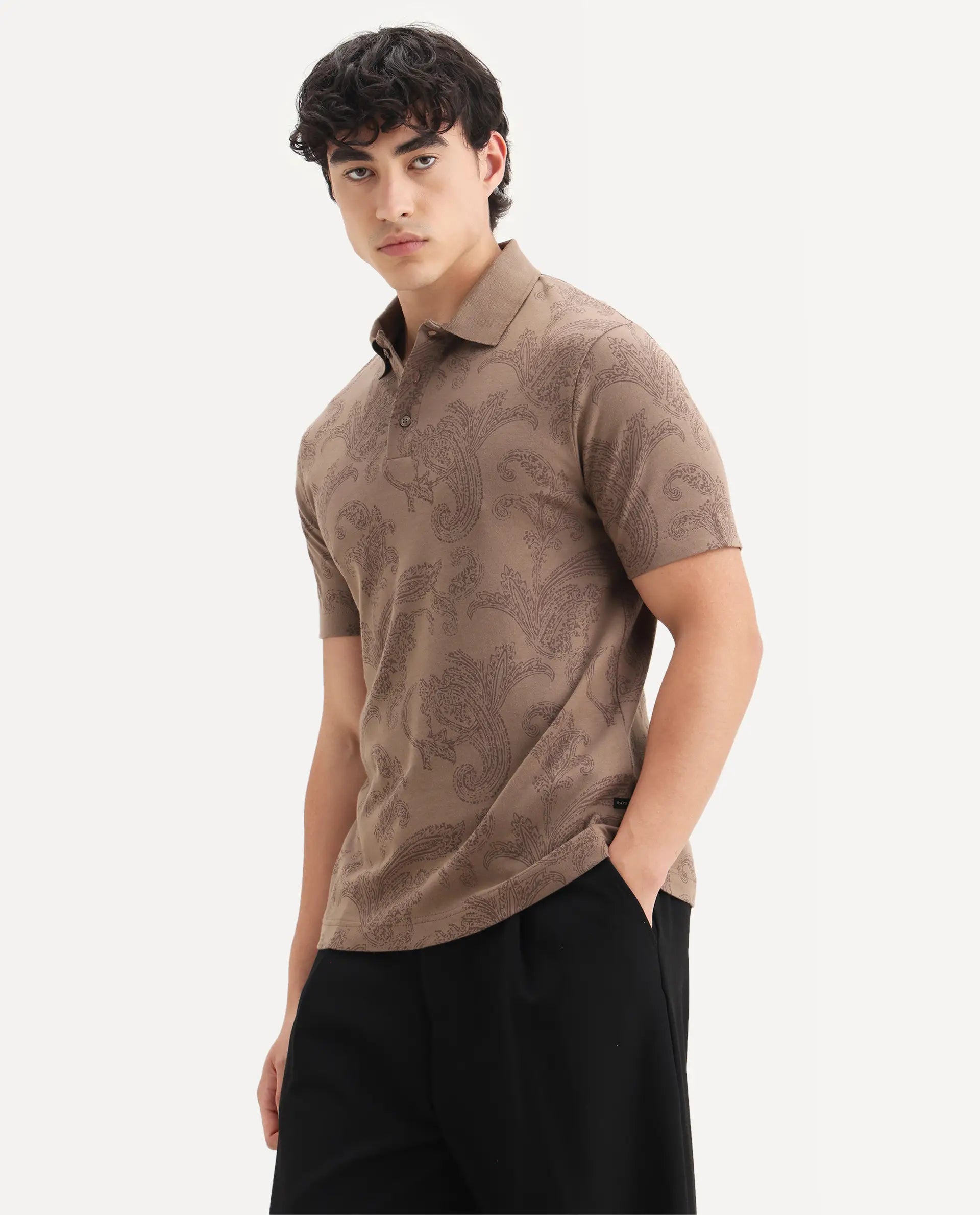Rare Rabbit Men's Tred Dusky Brown Cotton Fabric Half Sleeve Spread Collar Paisley Polo