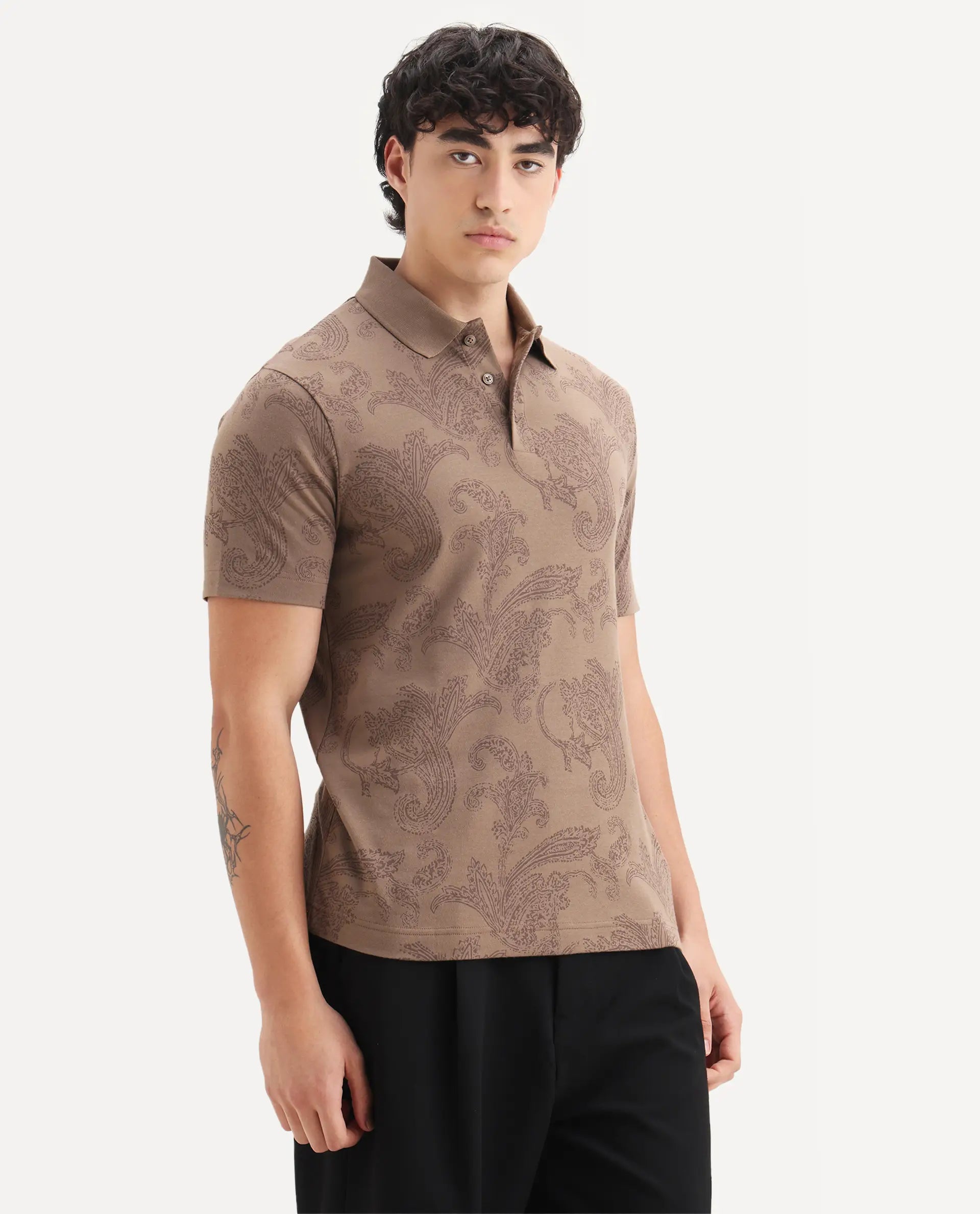 Rare Rabbit Men's Tred Dusky Brown Cotton Fabric Half Sleeve Spread Collar Paisley Polo