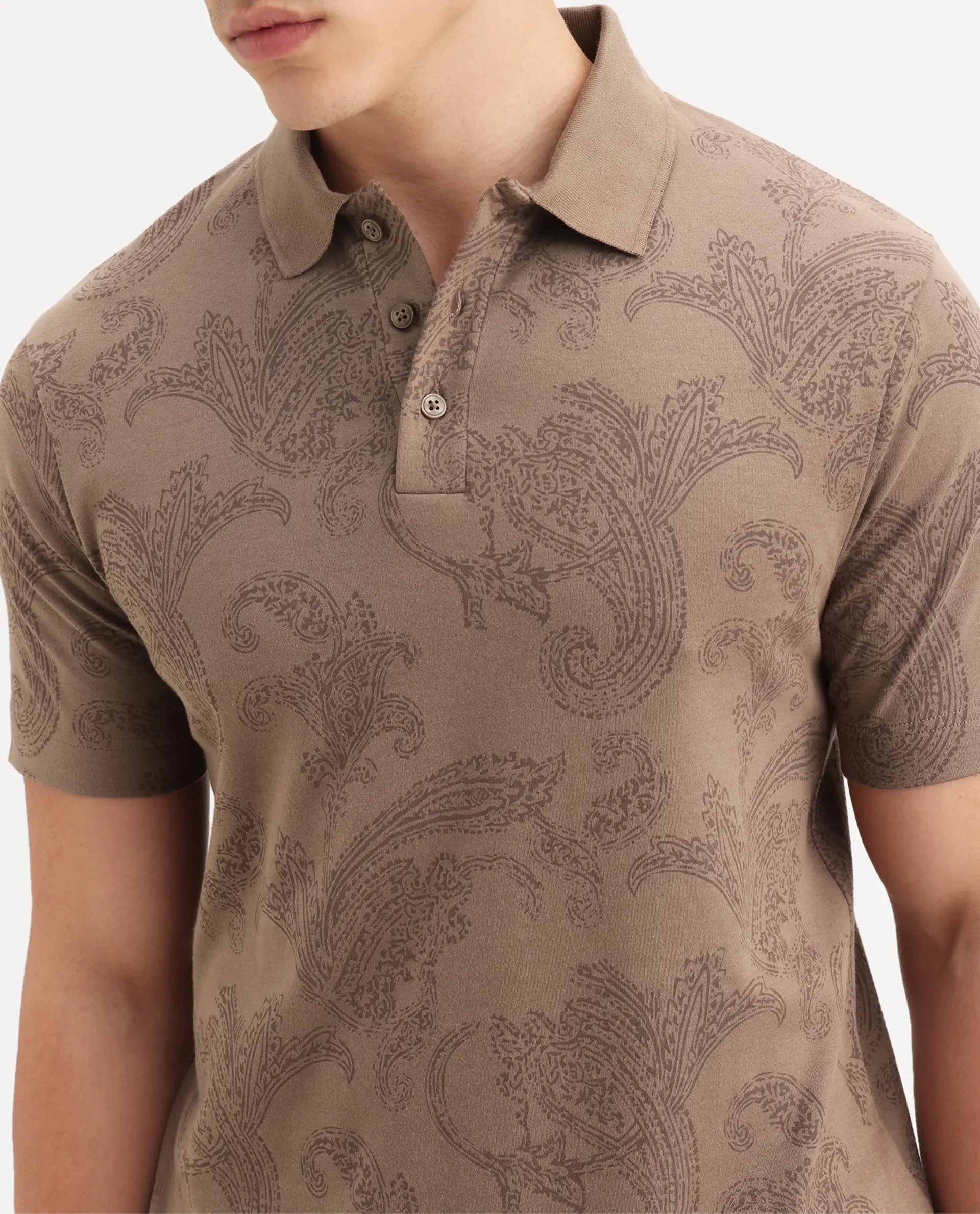 Rare Rabbit Men's Tred Dusky Brown Cotton Fabric Half Sleeve Spread Collar Paisley Polo