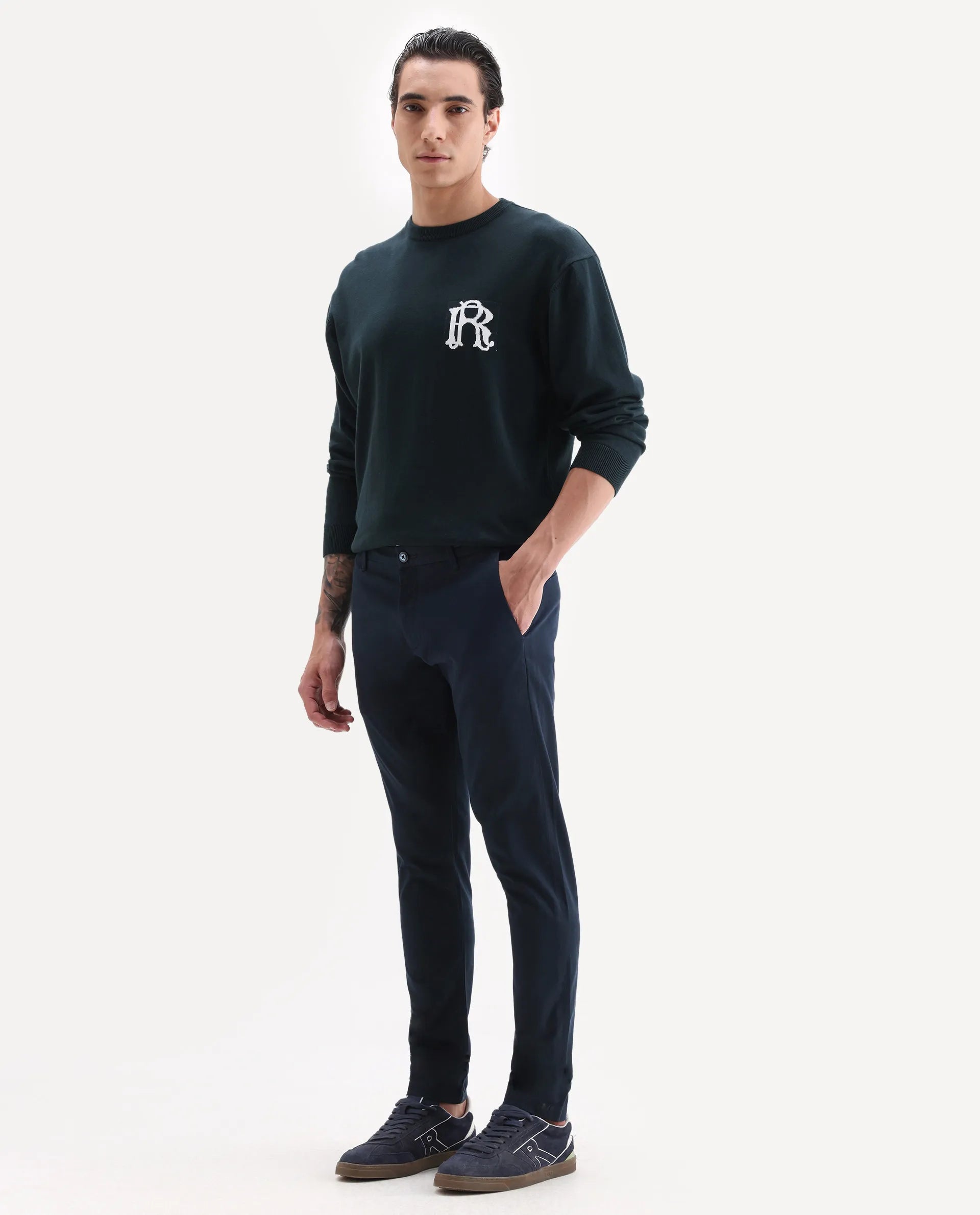 Rare Rabbit Men's Trellis Navy Cotton Plain Regular Fit Trouser