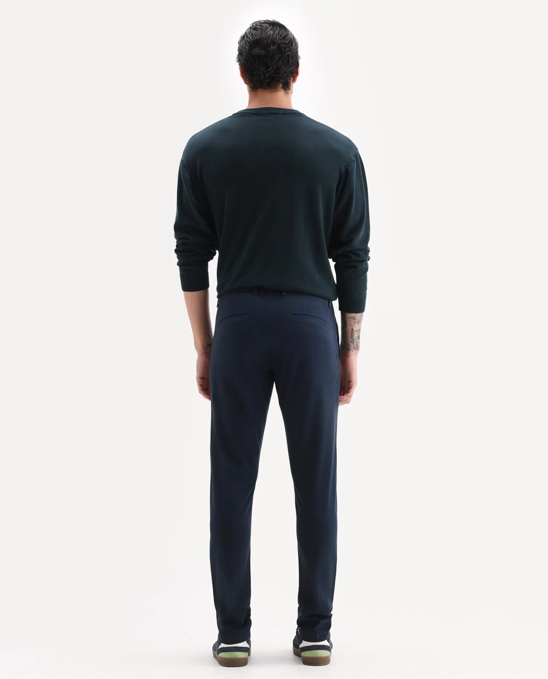 Rare Rabbit Men's Trellis Navy Cotton Plain Regular Fit Trouser