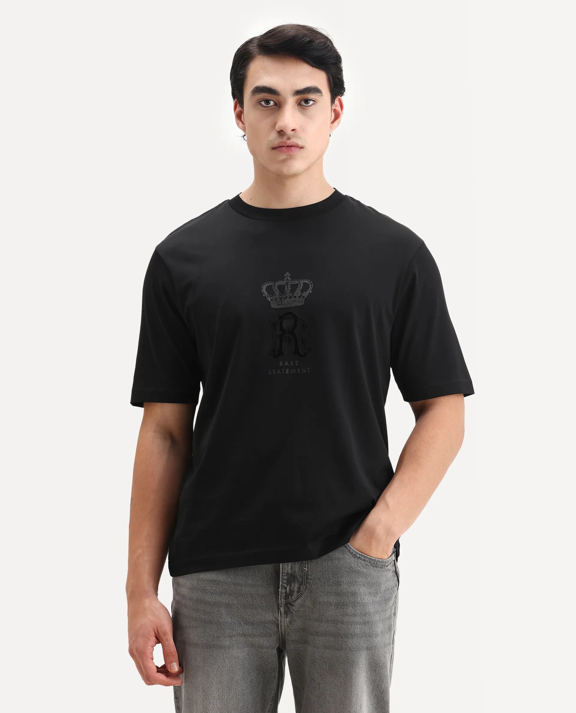 Rare Rabbit Men's Trell Black Cotton Graphic Print Barcelone Fit Half Sleeve Crew Neck T-Shirt