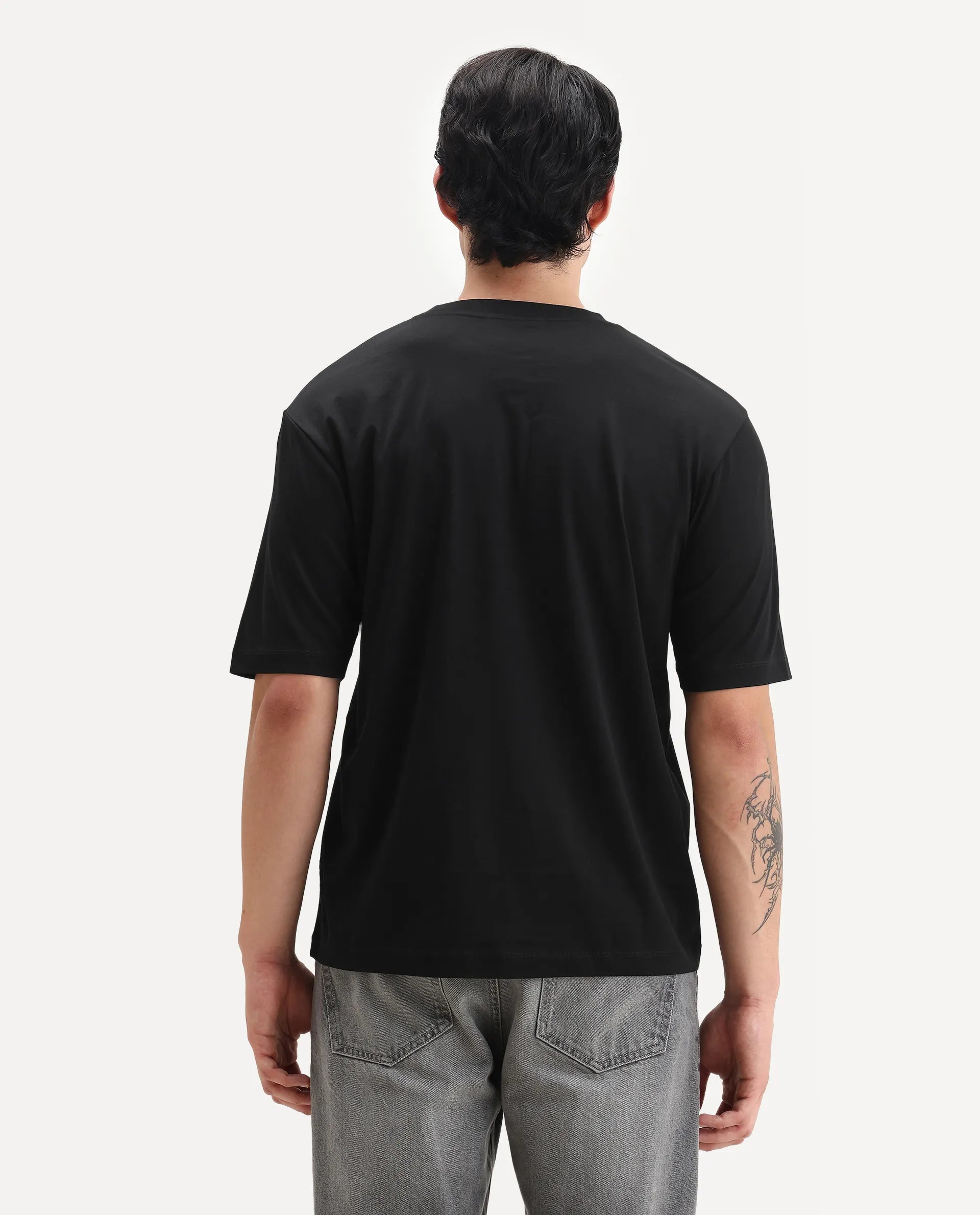 Rare Rabbit Men's Trell Black Cotton Graphic Print Barcelone Fit Half Sleeve Crew Neck T-Shirt