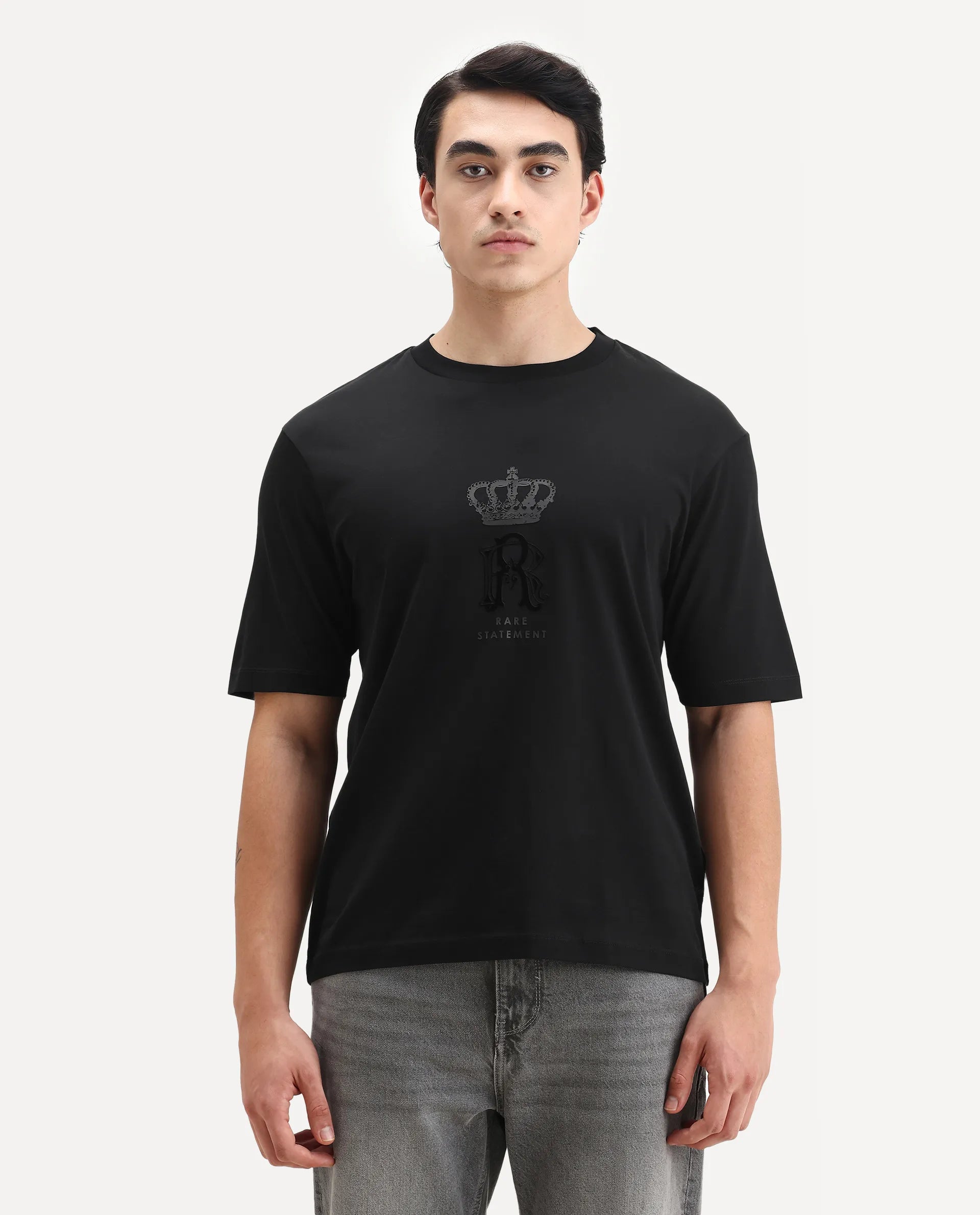 Rare Rabbit Men's Trell Black Cotton Graphic Print Barcelone Fit Half Sleeve Crew Neck T-Shirt