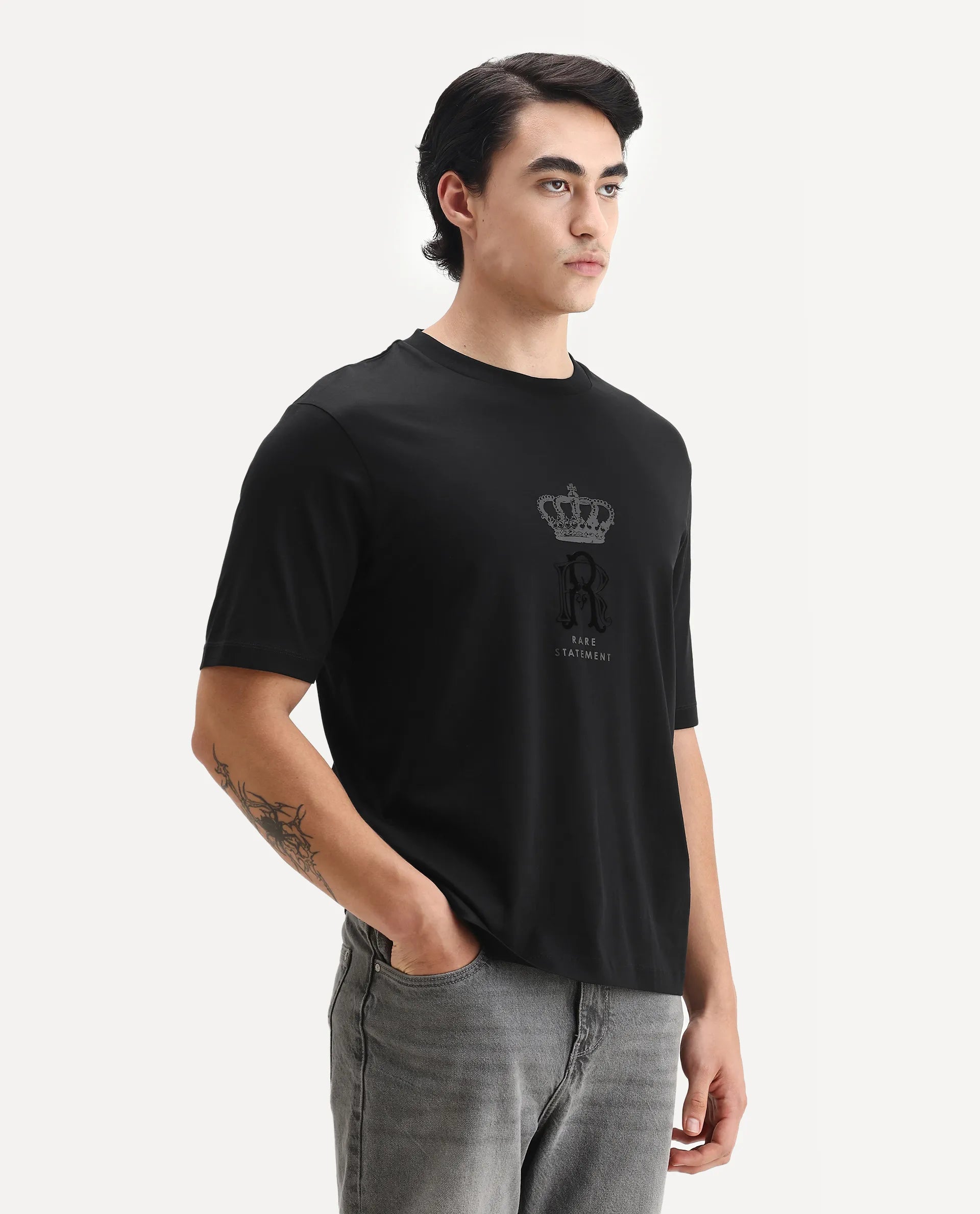 Rare Rabbit Men's Trell Black Cotton Graphic Print Barcelone Fit Half Sleeve Crew Neck T-Shirt