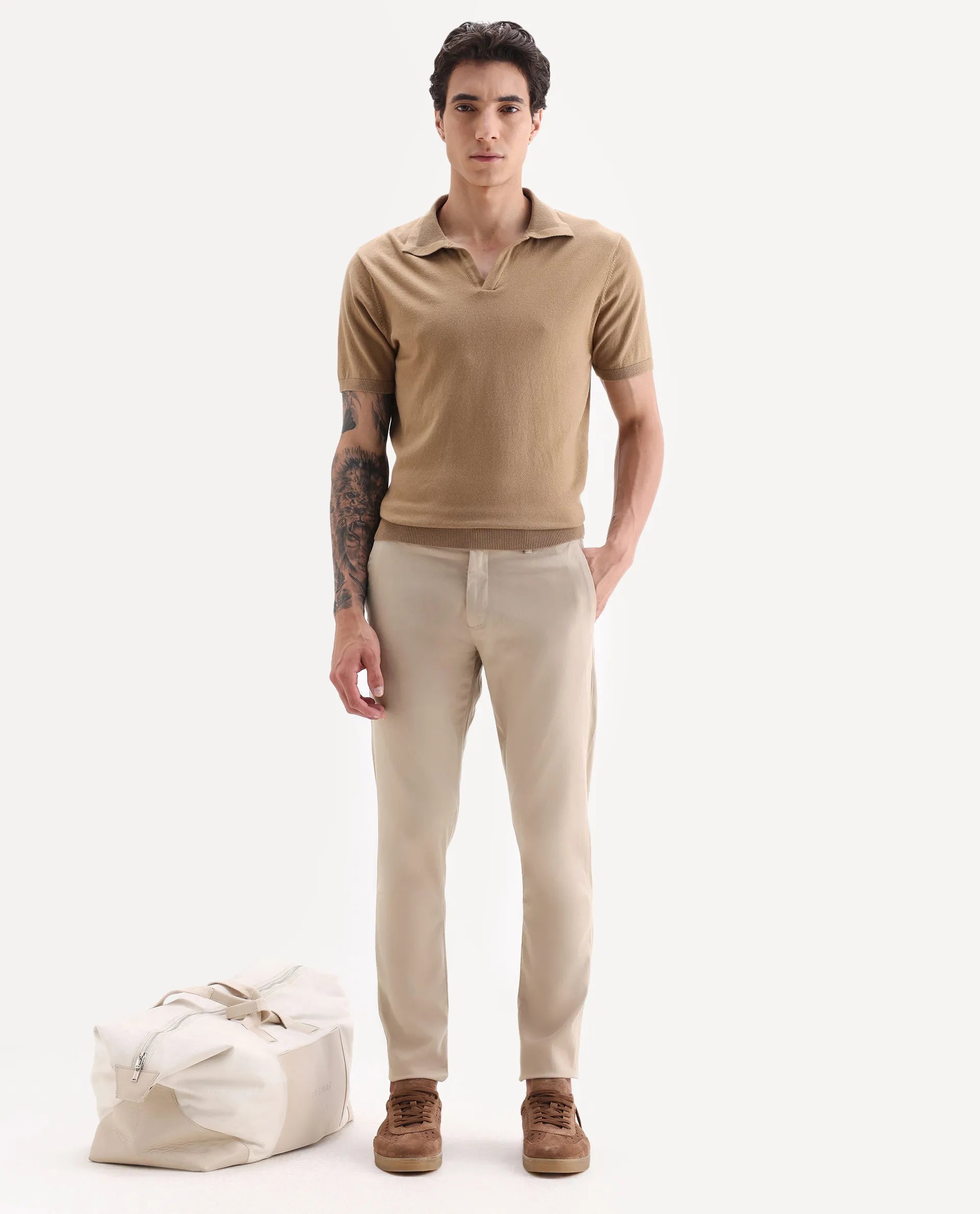 Rare Rabbit Men's Trellis Beige Cotton Plain Regular Fit Trouser
