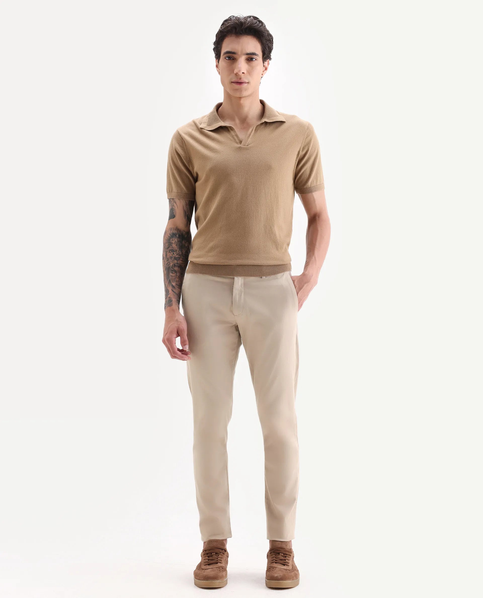 Rare Rabbit Men's Trellis Beige Cotton Plain Regular Fit Trouser
