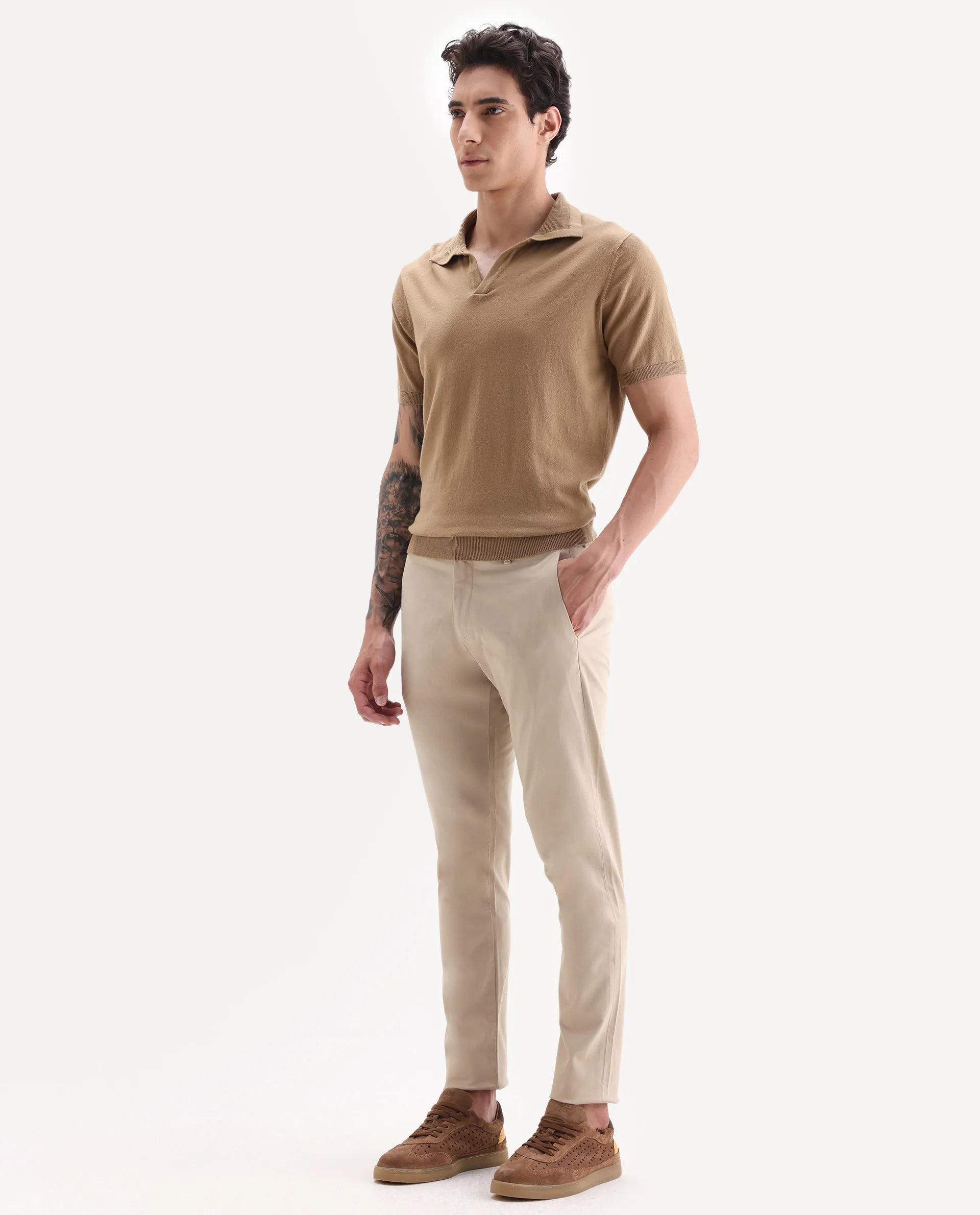 Rare Rabbit Men's Trellis Beige Cotton Plain Regular Fit Trouser
