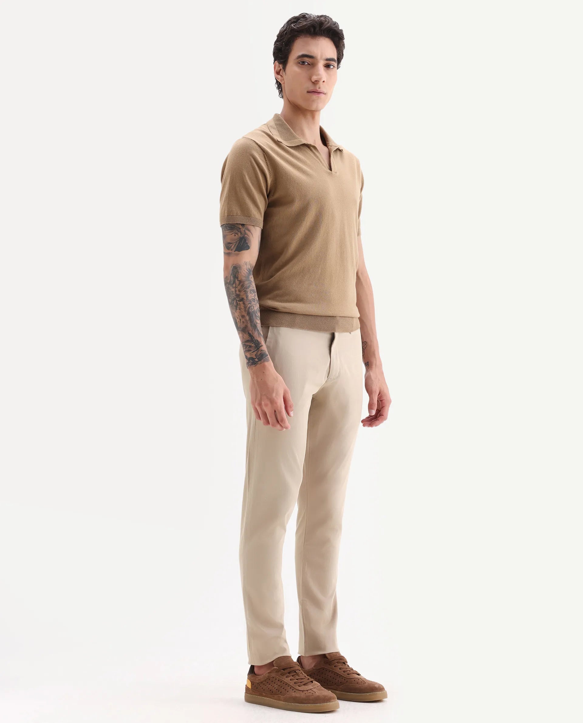 Rare Rabbit Men's Trellis Beige Cotton Plain Regular Fit Trouser