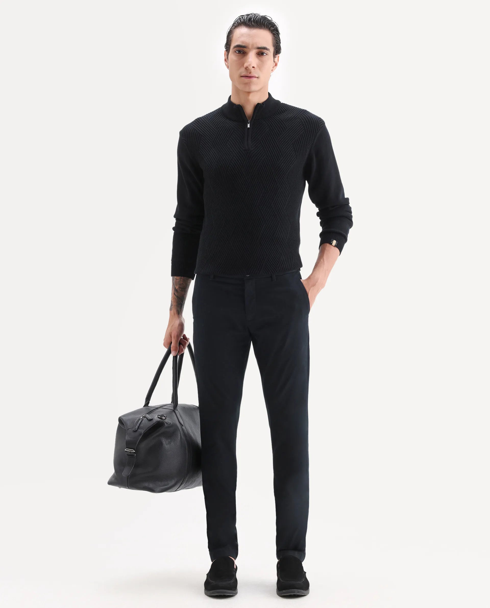 Rare Rabbit Men's Trellis Black Cotton Plain Regular Fit Trouser