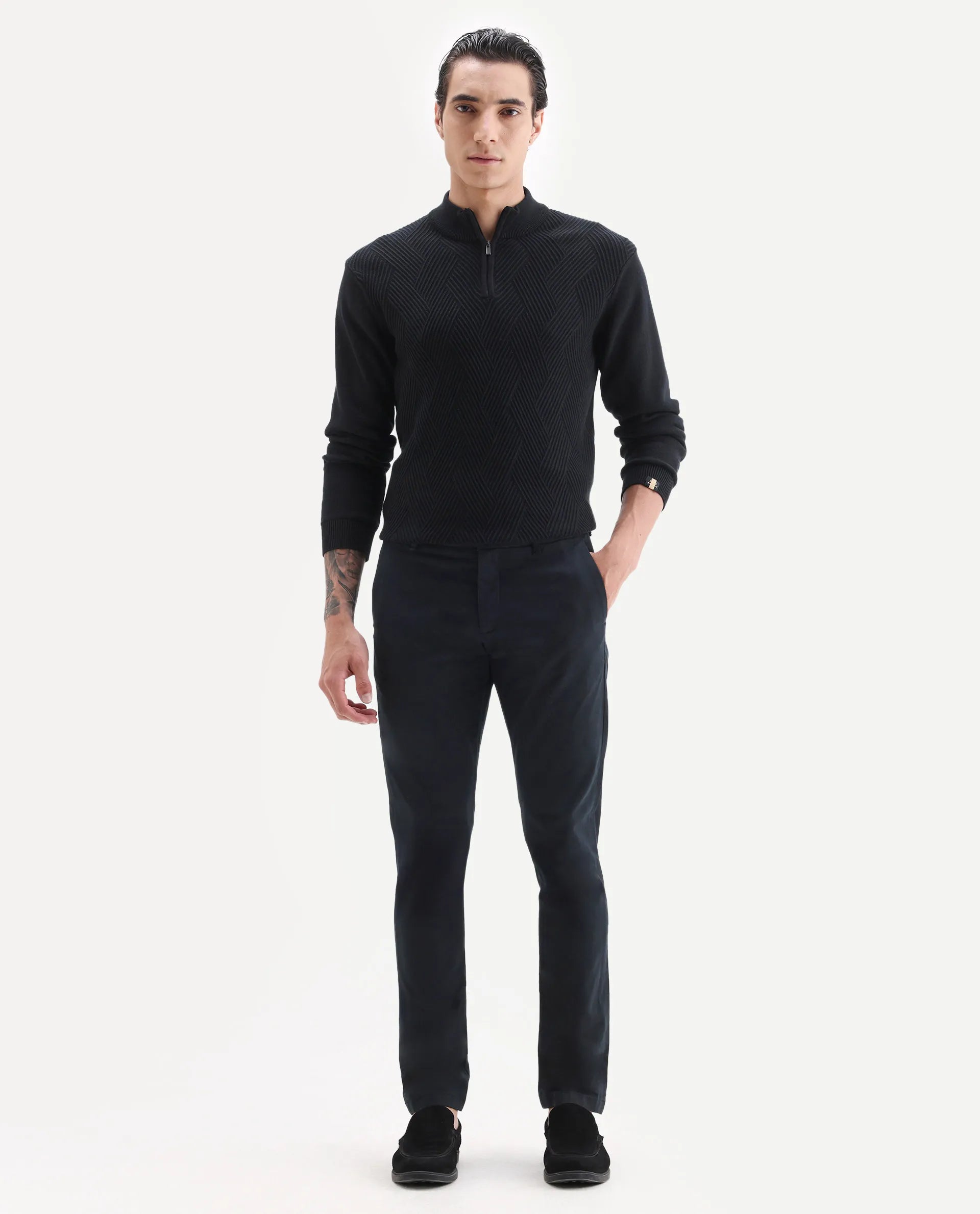 Rare Rabbit Men's Trellis Black Cotton Plain Regular Fit Trouser