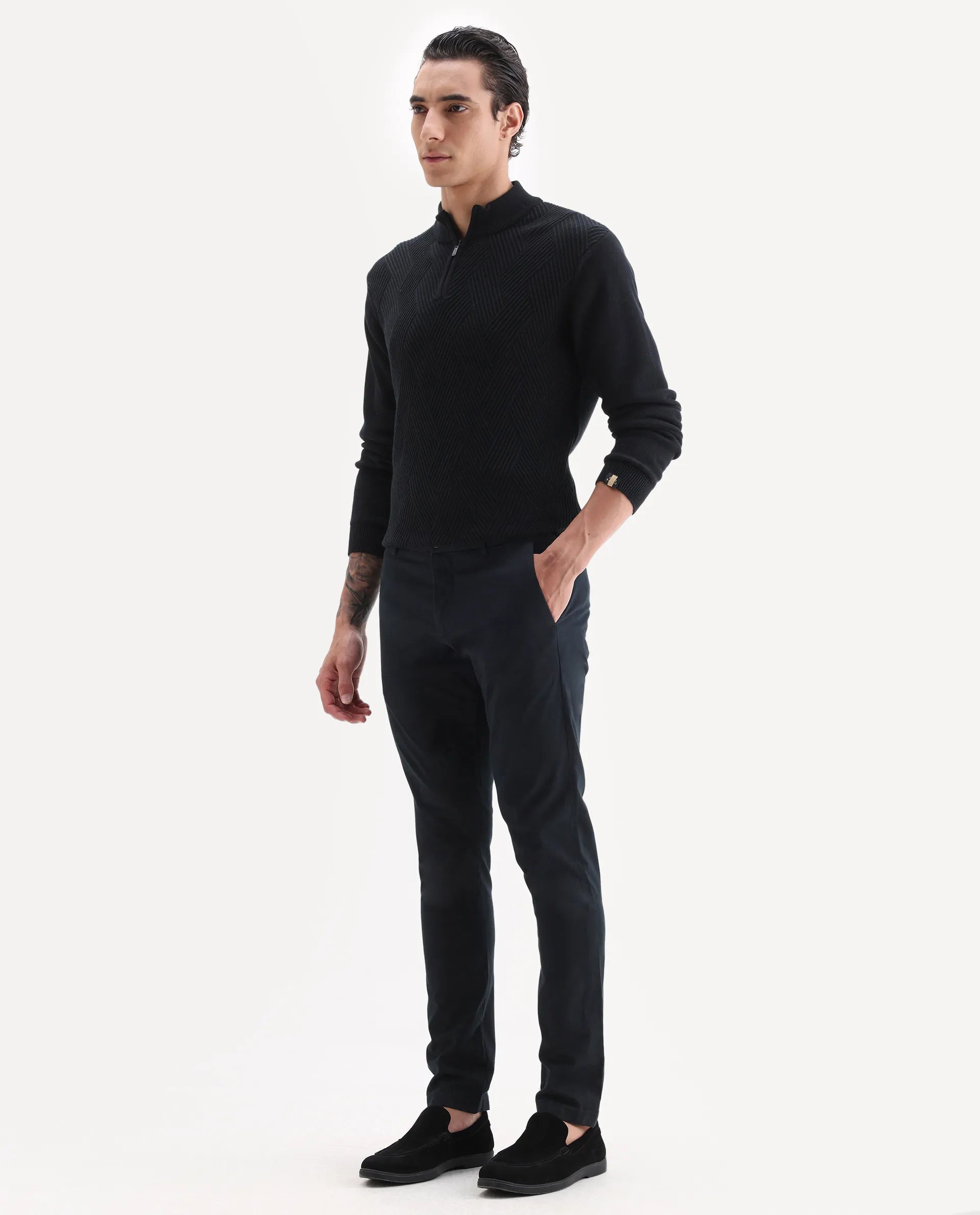 Rare Rabbit Men's Trellis Black Cotton Plain Regular Fit Trouser