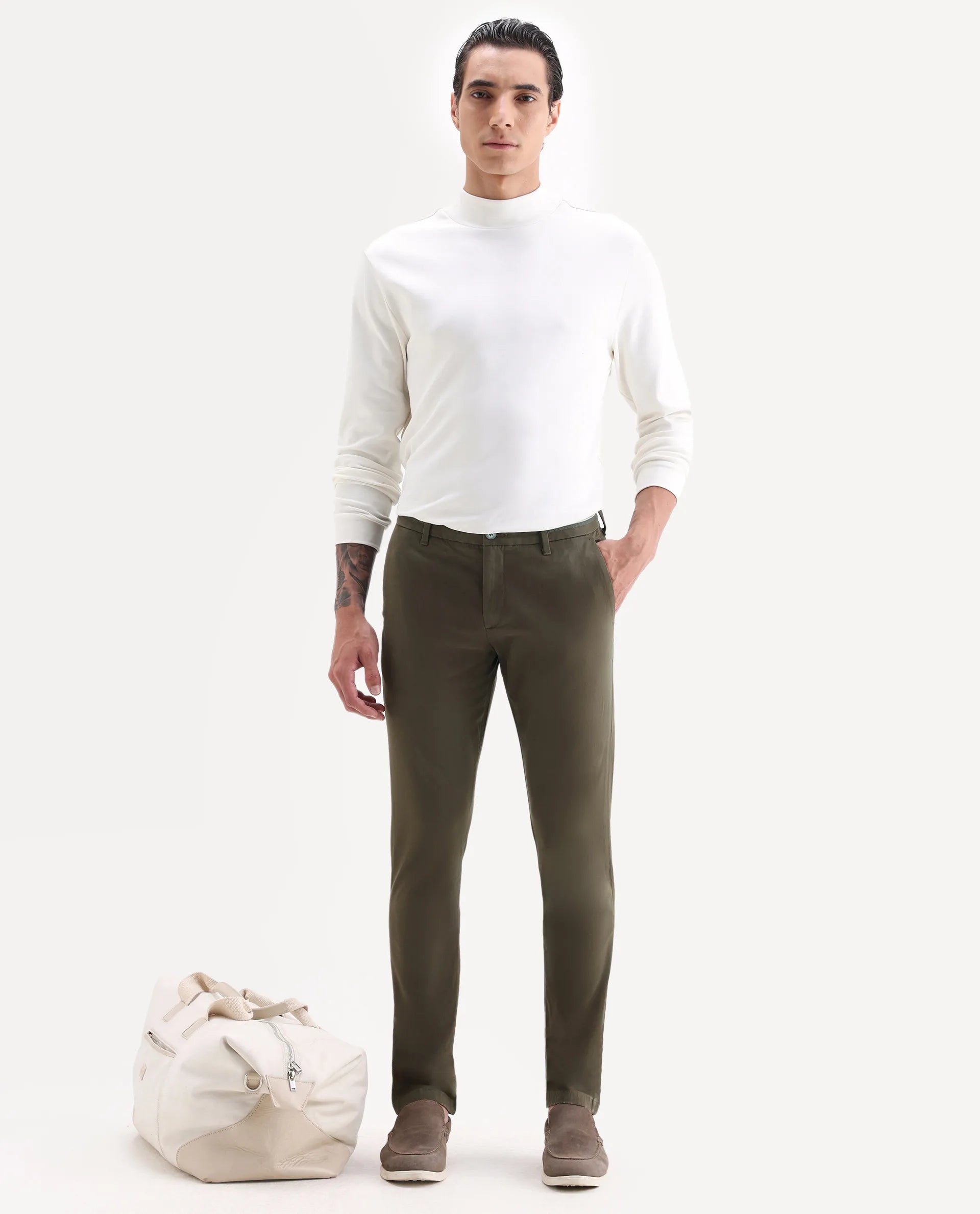Rare Rabbit Men's Trellis Olive Cotton Plain Regular Fit Trouser