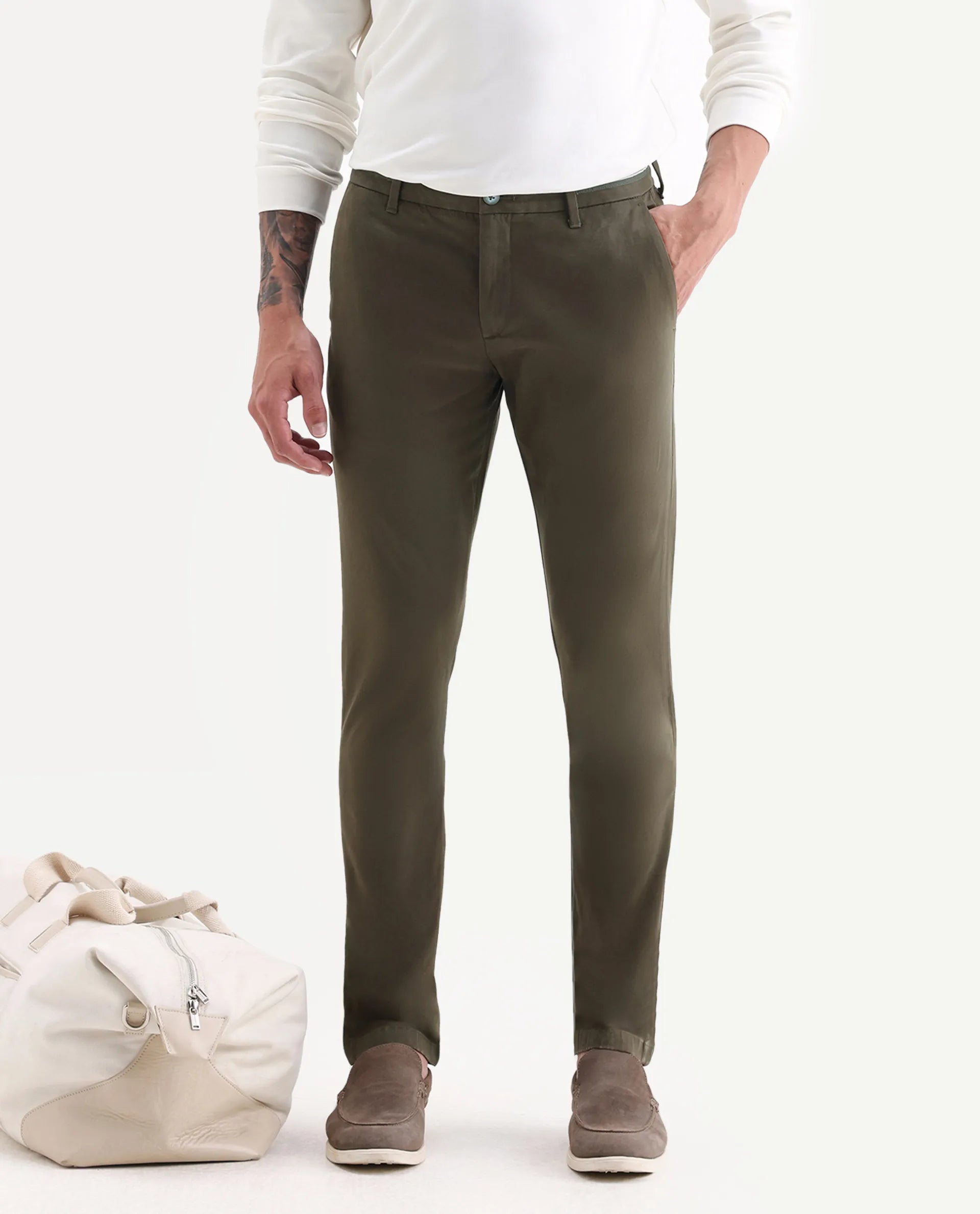 Rare Rabbit Men's Trellis Olive Cotton Plain Regular Fit Trouser
