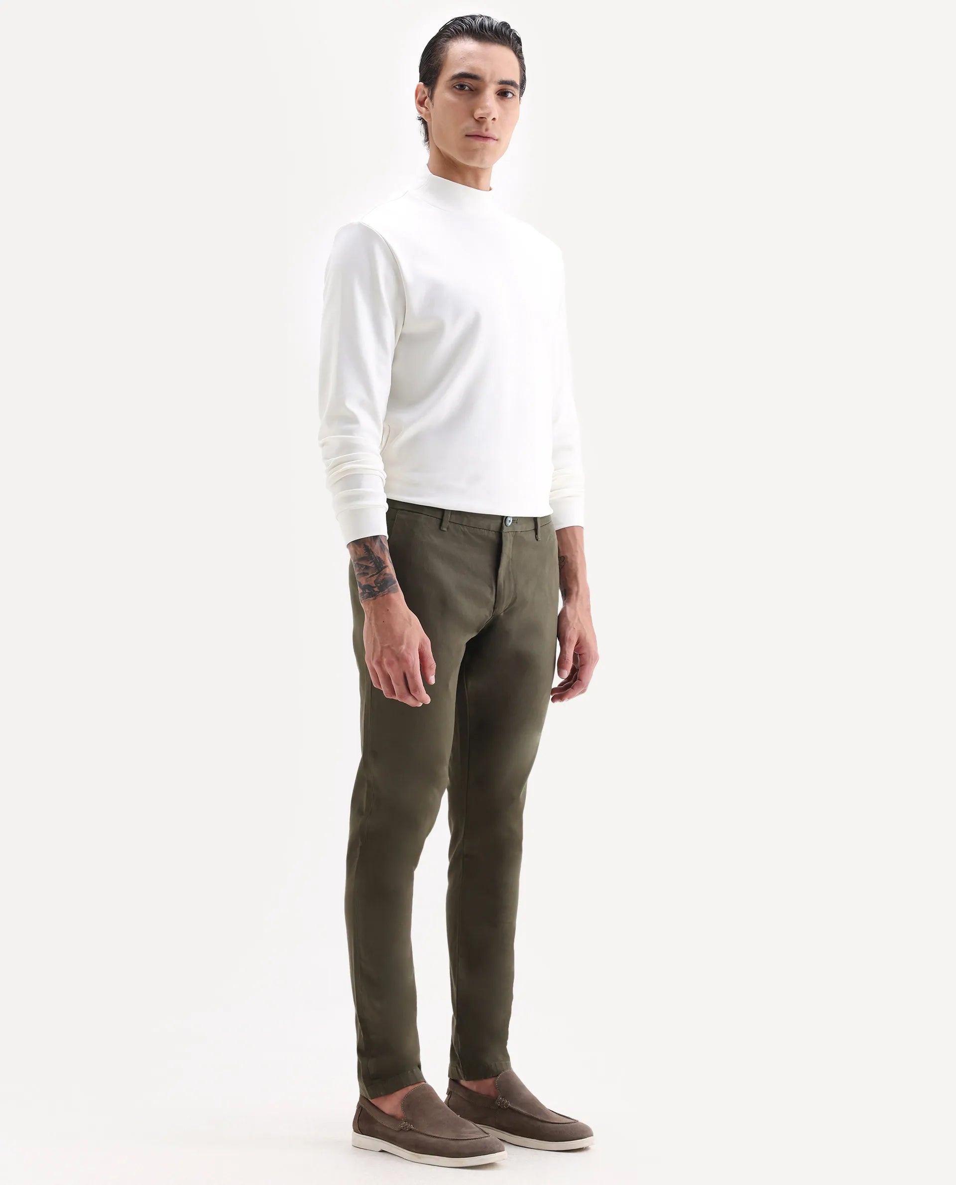 Rare Rabbit Men's Trellis Olive Cotton Plain Regular Fit Trouser