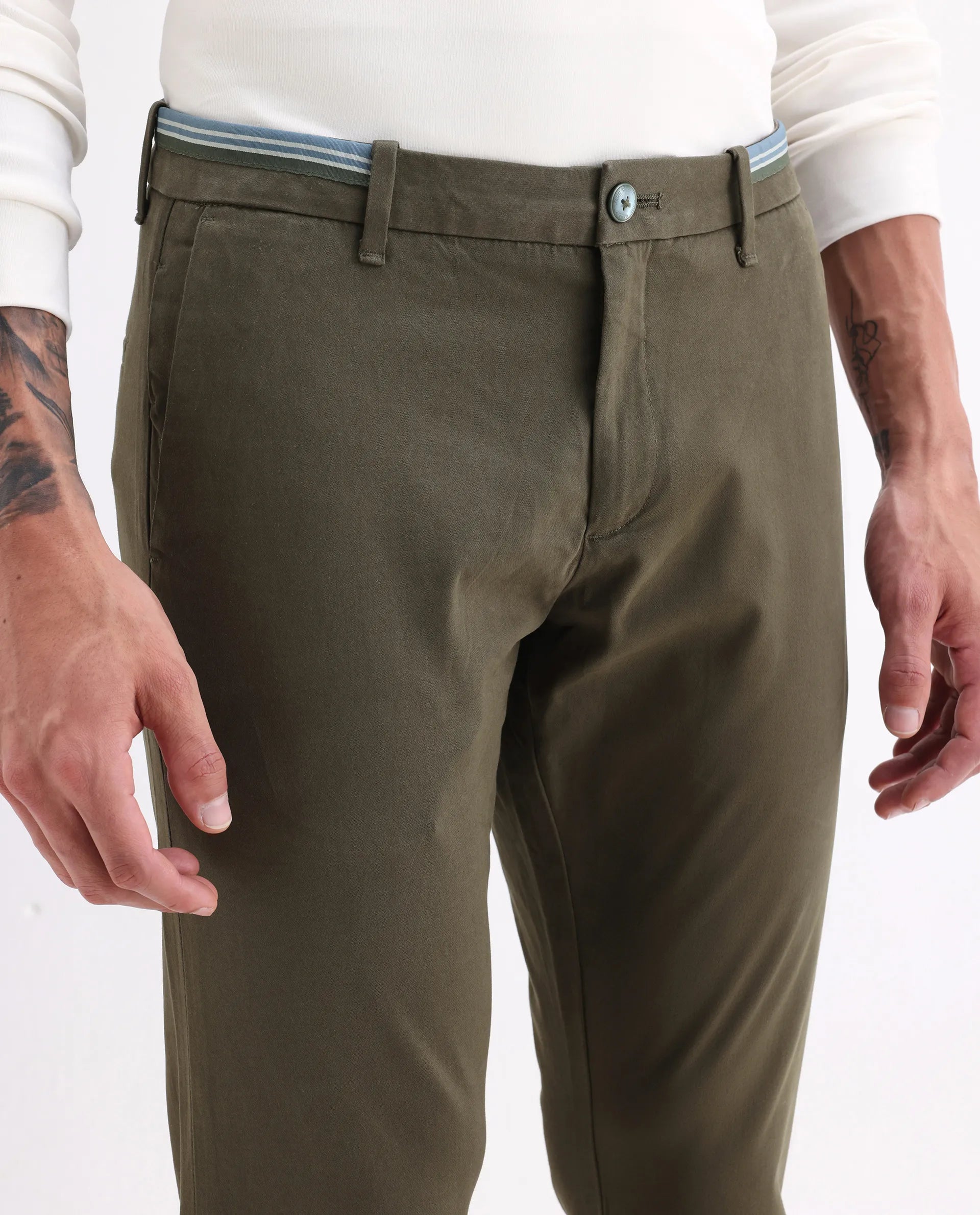 Rare Rabbit Men's Trellis Olive Cotton Plain Regular Fit Trouser