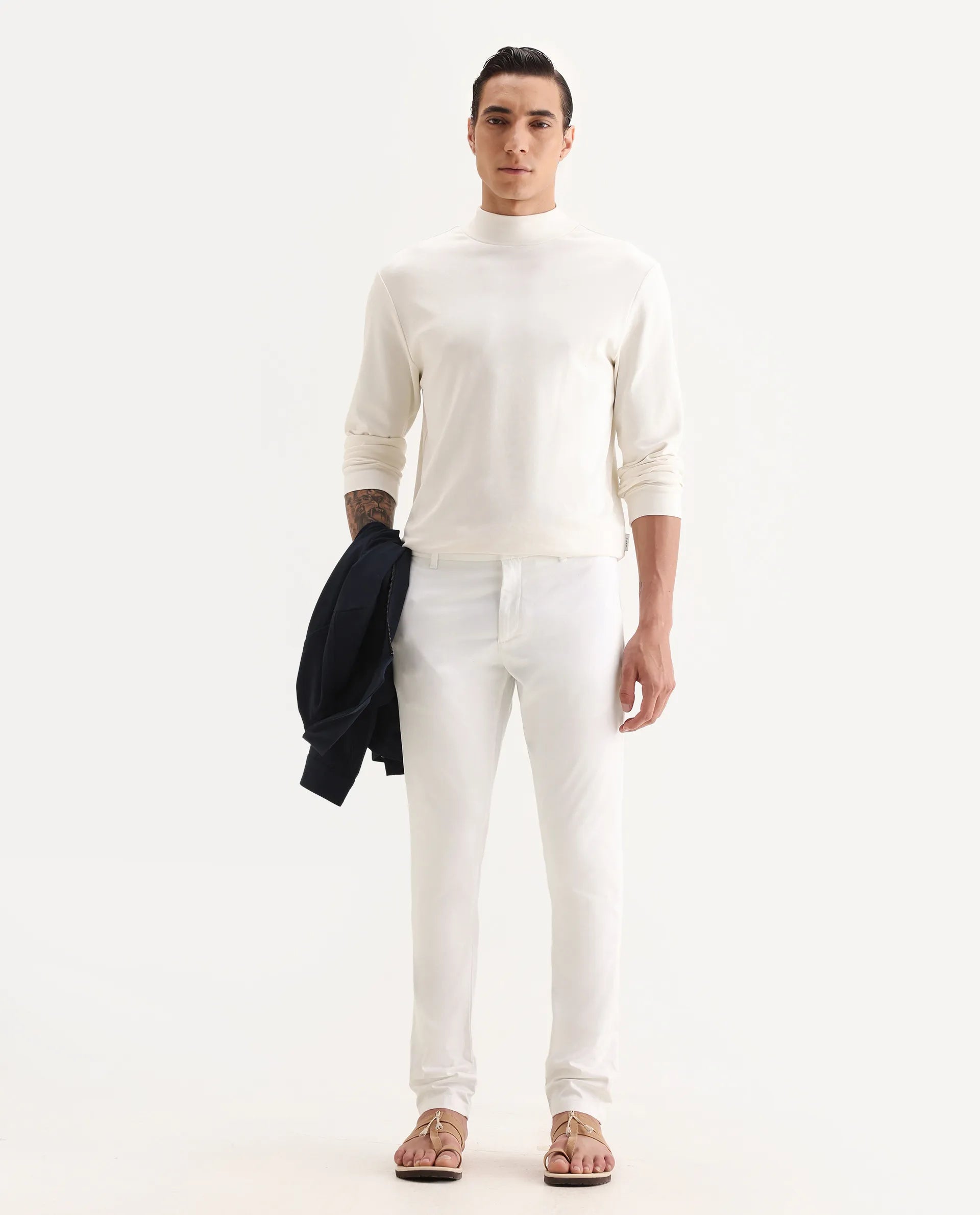 Rare Rabbit Men's Trellis White Cotton Plain Regular Fit Trouser