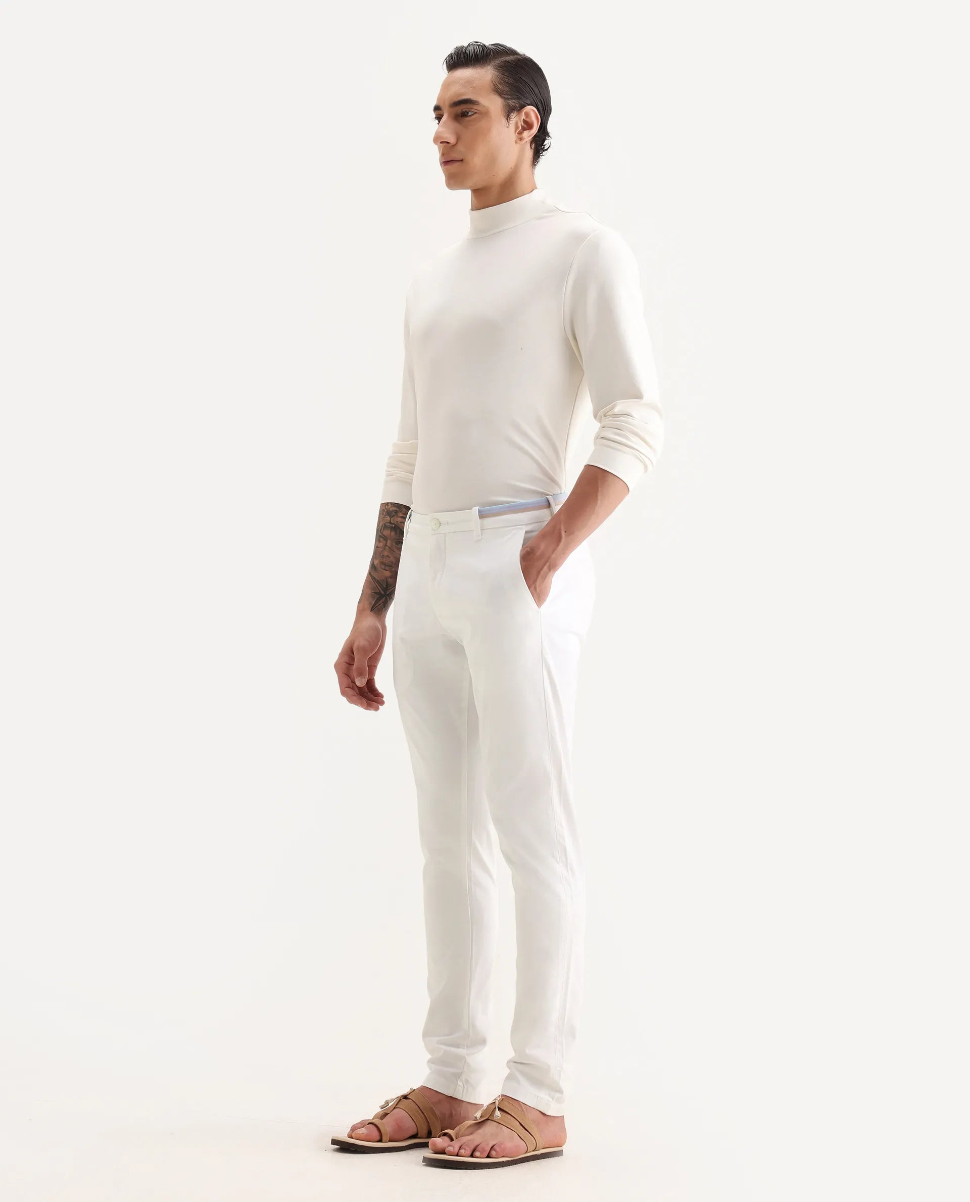 Rare Rabbit Men's Trellis White Cotton Plain Regular Fit Trouser