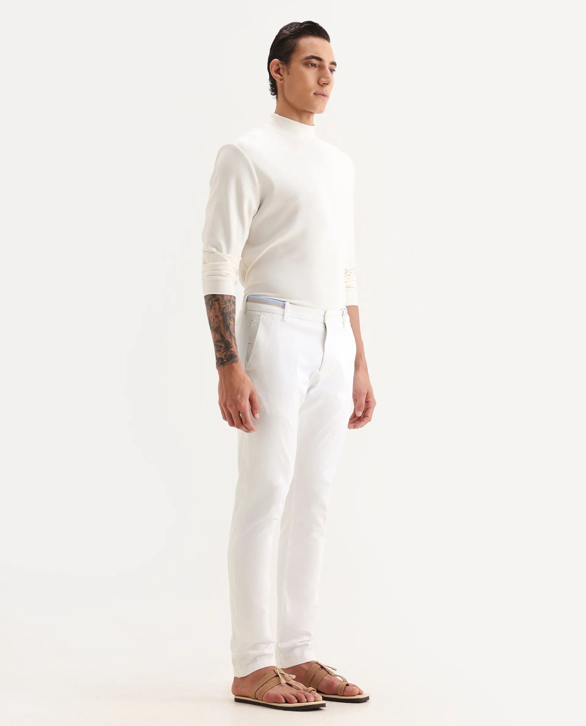 Rare Rabbit Men's Trellis White Cotton Plain Regular Fit Trouser