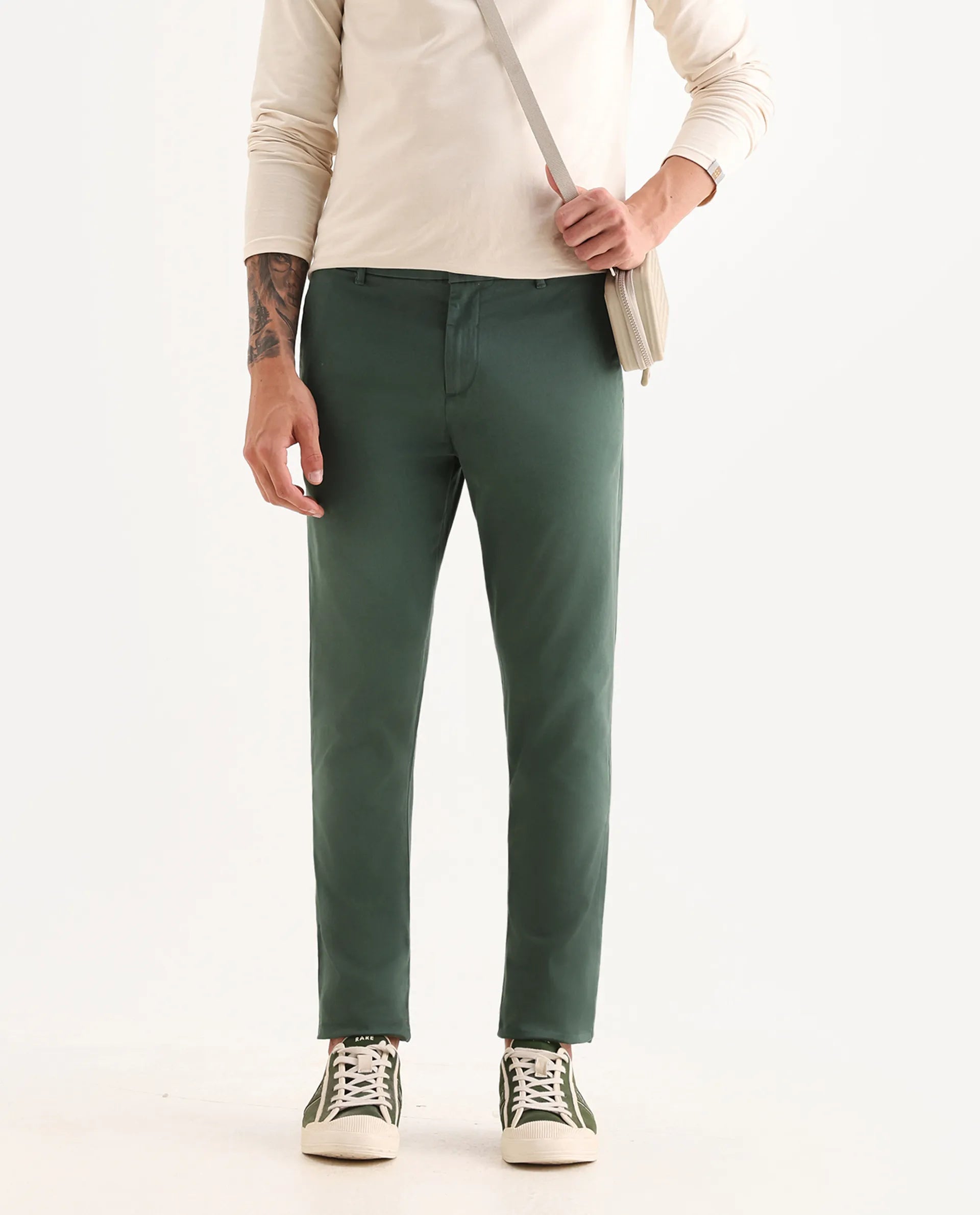 Rare Rabbit Men's Trello Green Cotton Blend Plain Regular Fit Trouser
