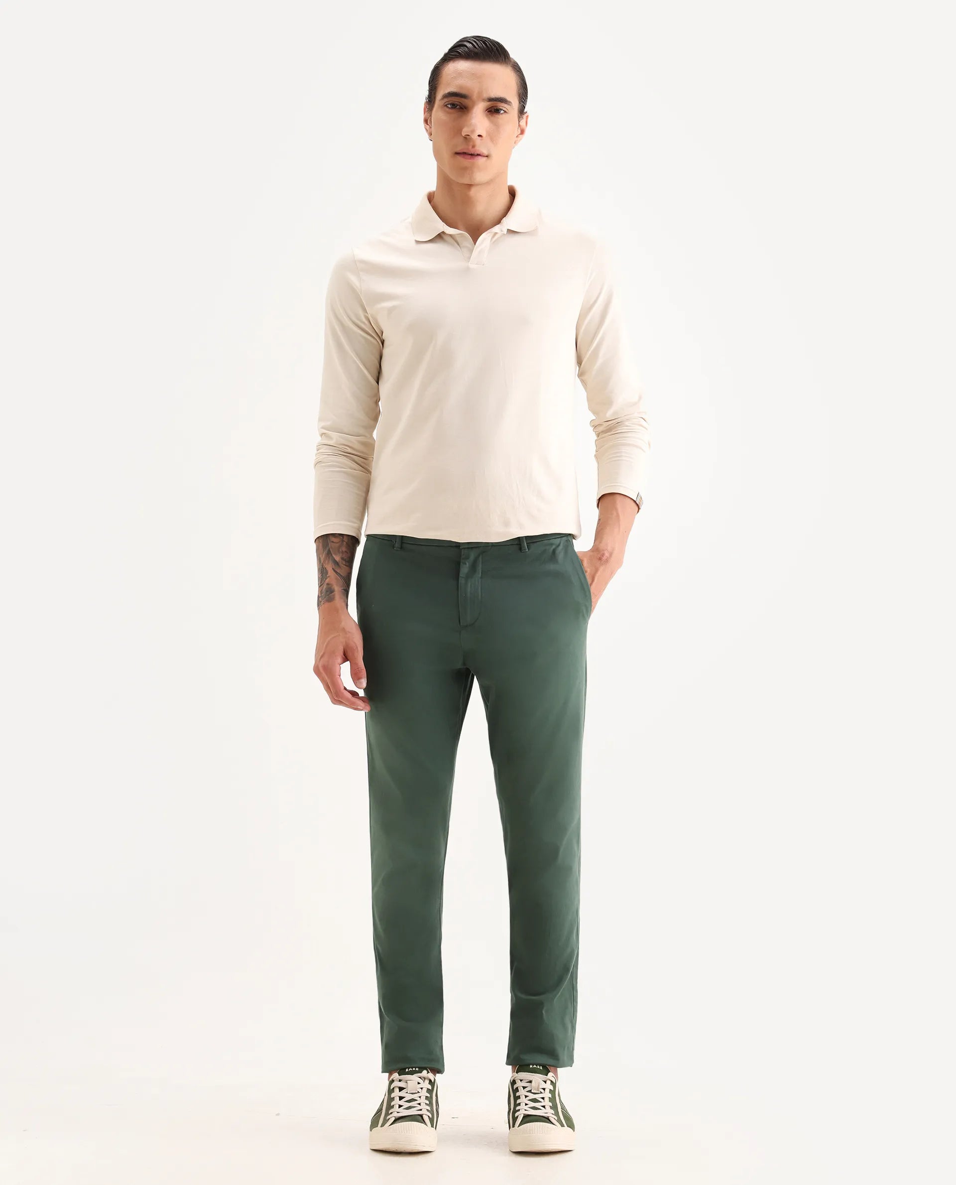 Rare Rabbit Men's Trello Green Cotton Blend Plain Regular Fit Trouser
