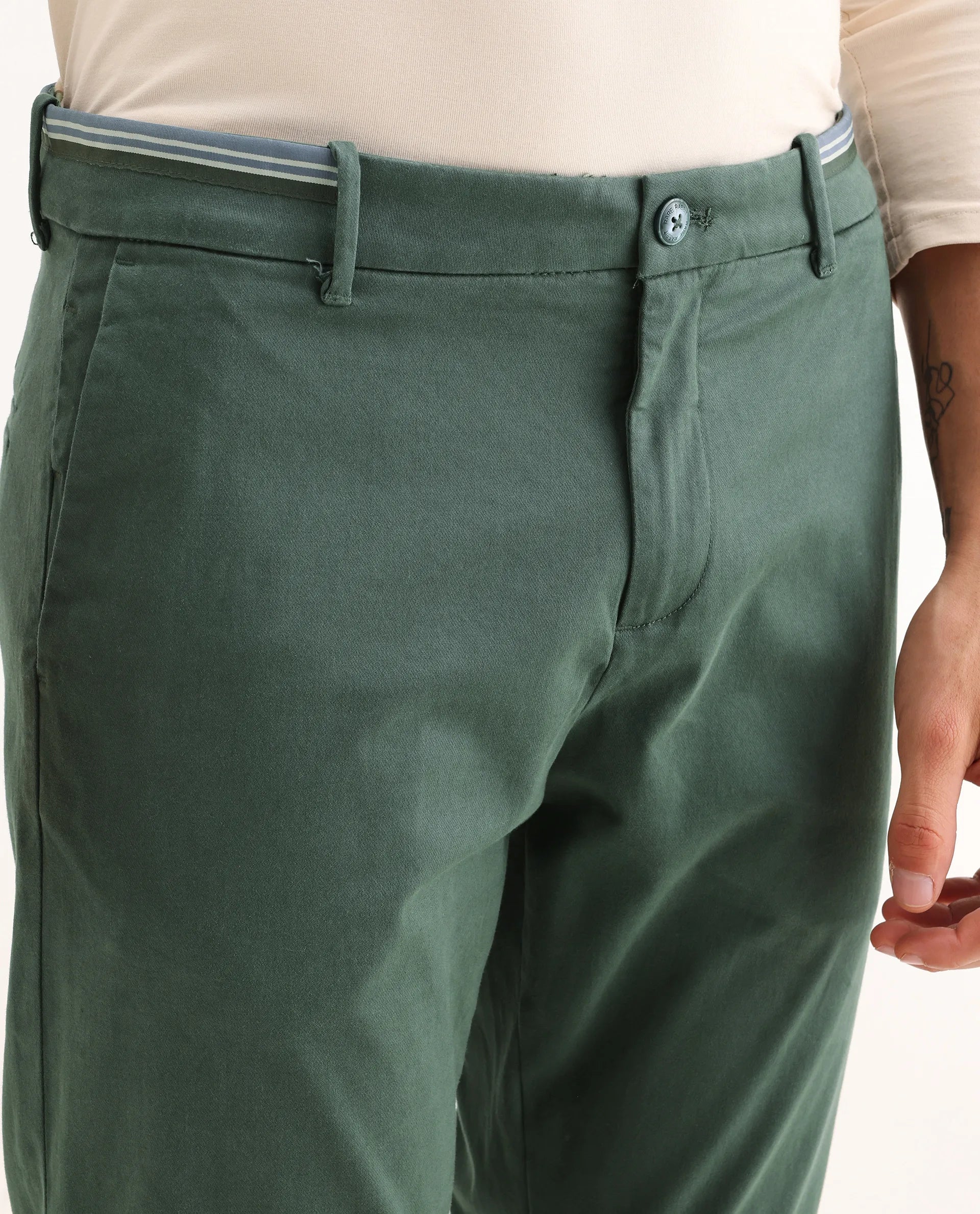 Rare Rabbit Men's Trello Green Cotton Blend Plain Regular Fit Trouser