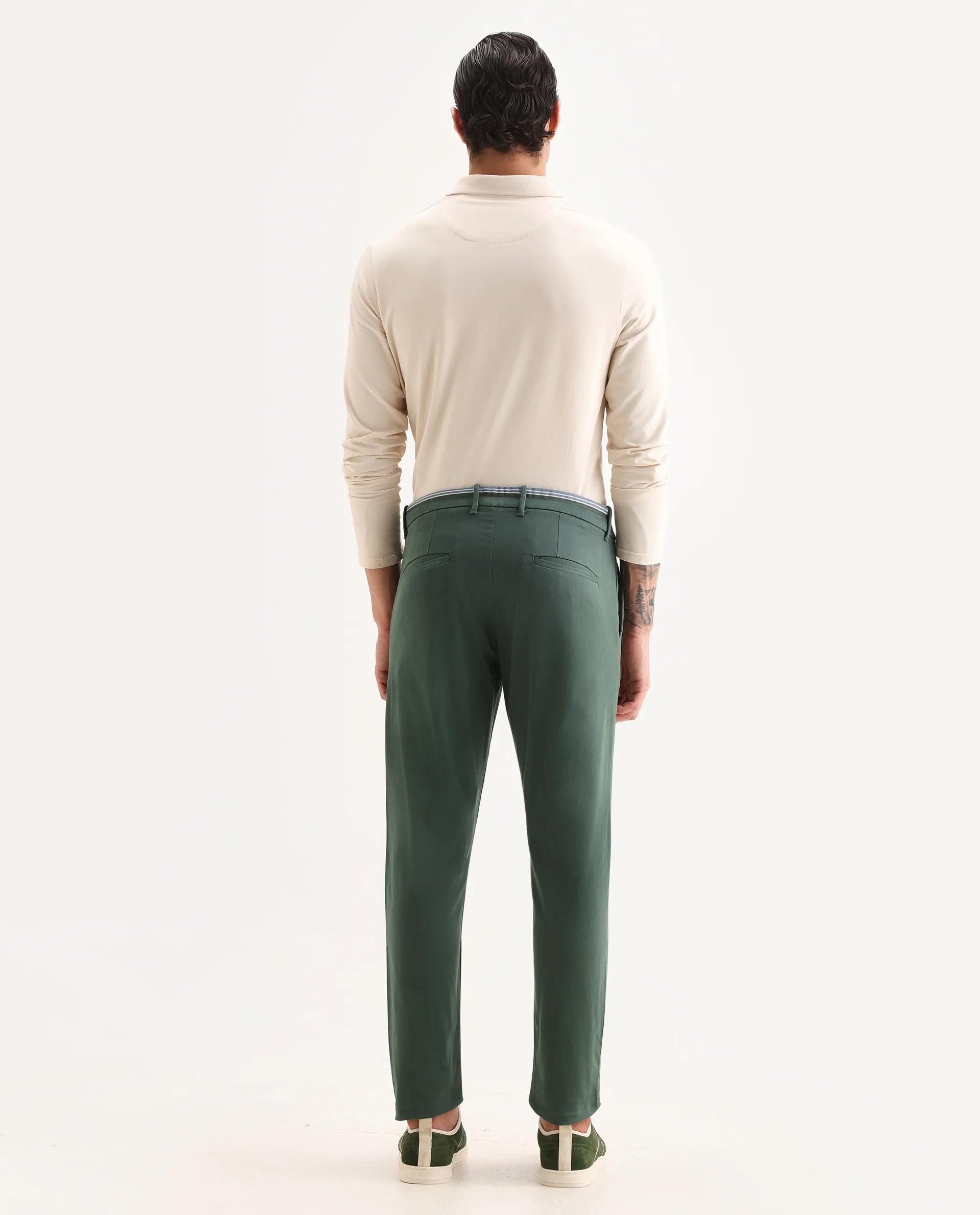 Rare Rabbit Men's Trello Green Cotton Blend Plain Regular Fit Trouser