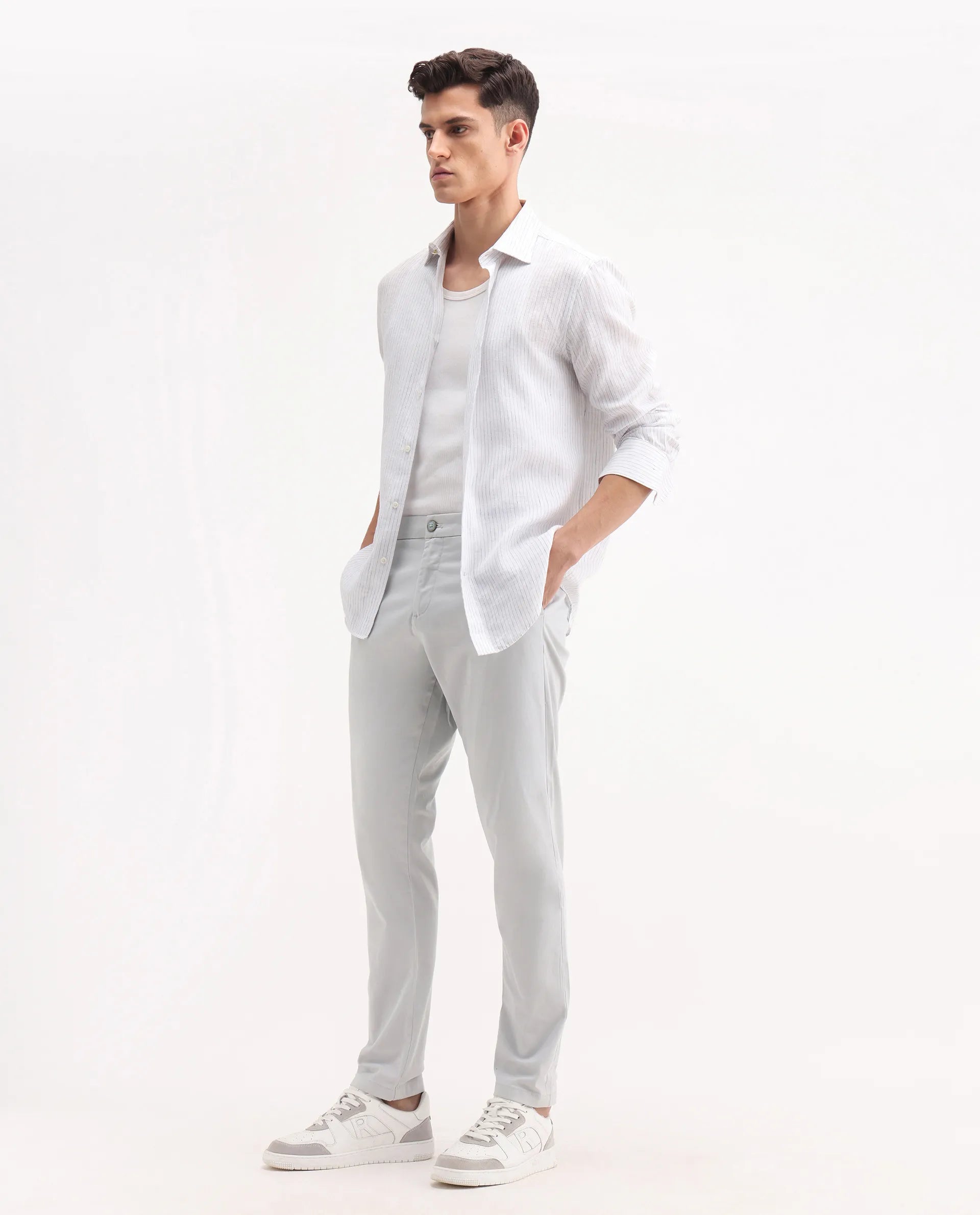 Rare Rabbit Men's Trello Light Grey Cotton Blend Plain Regular Fit Trouser
