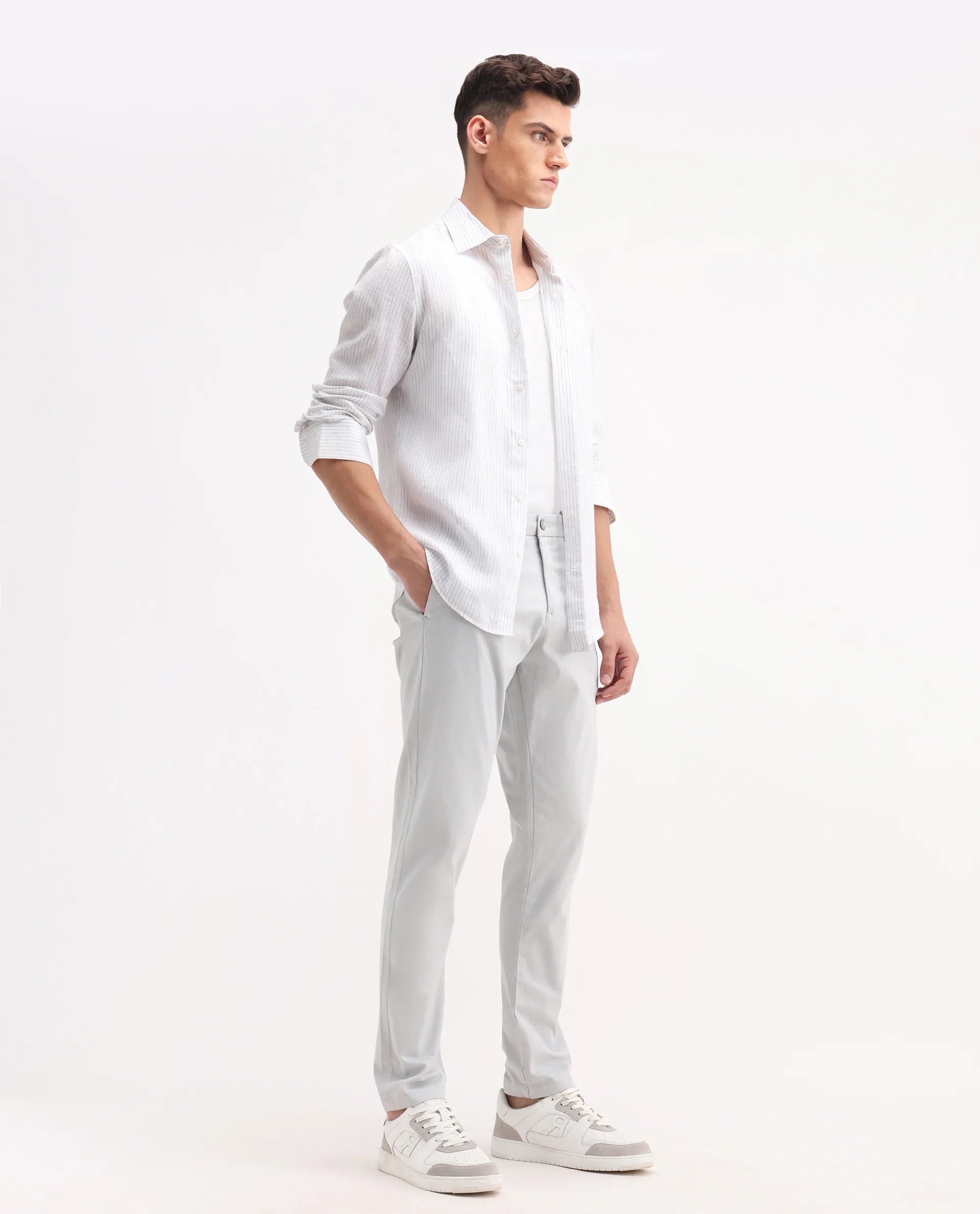 Rare Rabbit Men's Trello Light Grey Cotton Blend Plain Regular Fit Trouser