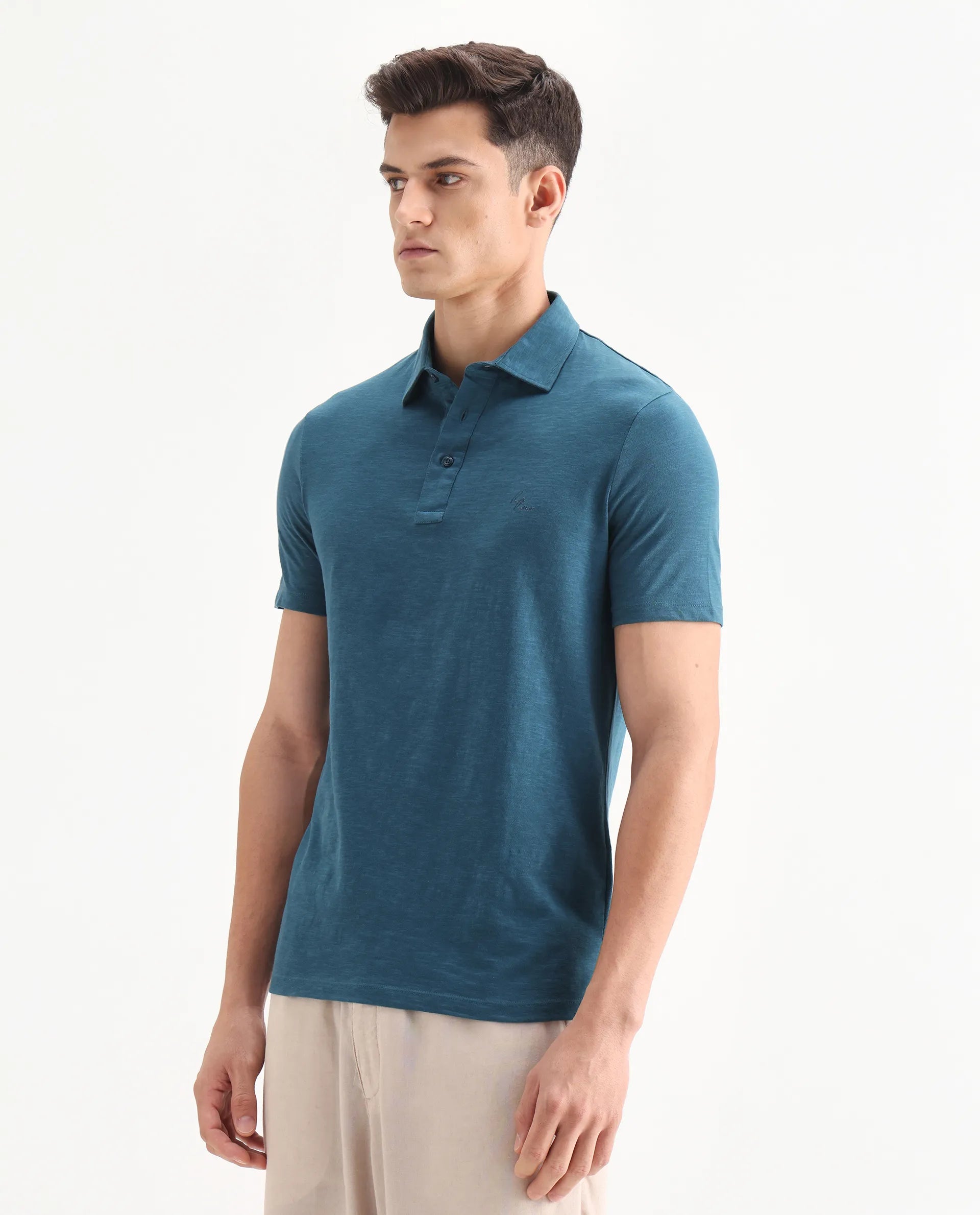 Rare Rabbit Men's Trent Petrol Cotton Plain Regular Fit Half Sleeve Polo