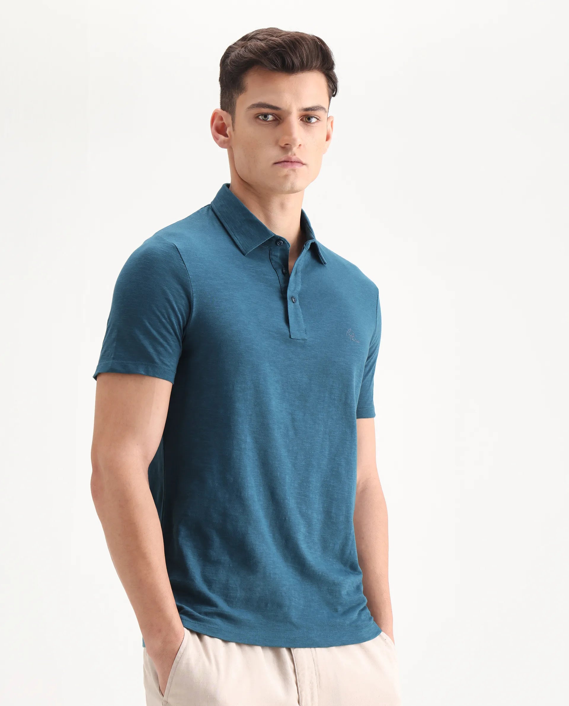 Rare Rabbit Men's Trent Petrol Cotton Plain Regular Fit Half Sleeve Polo