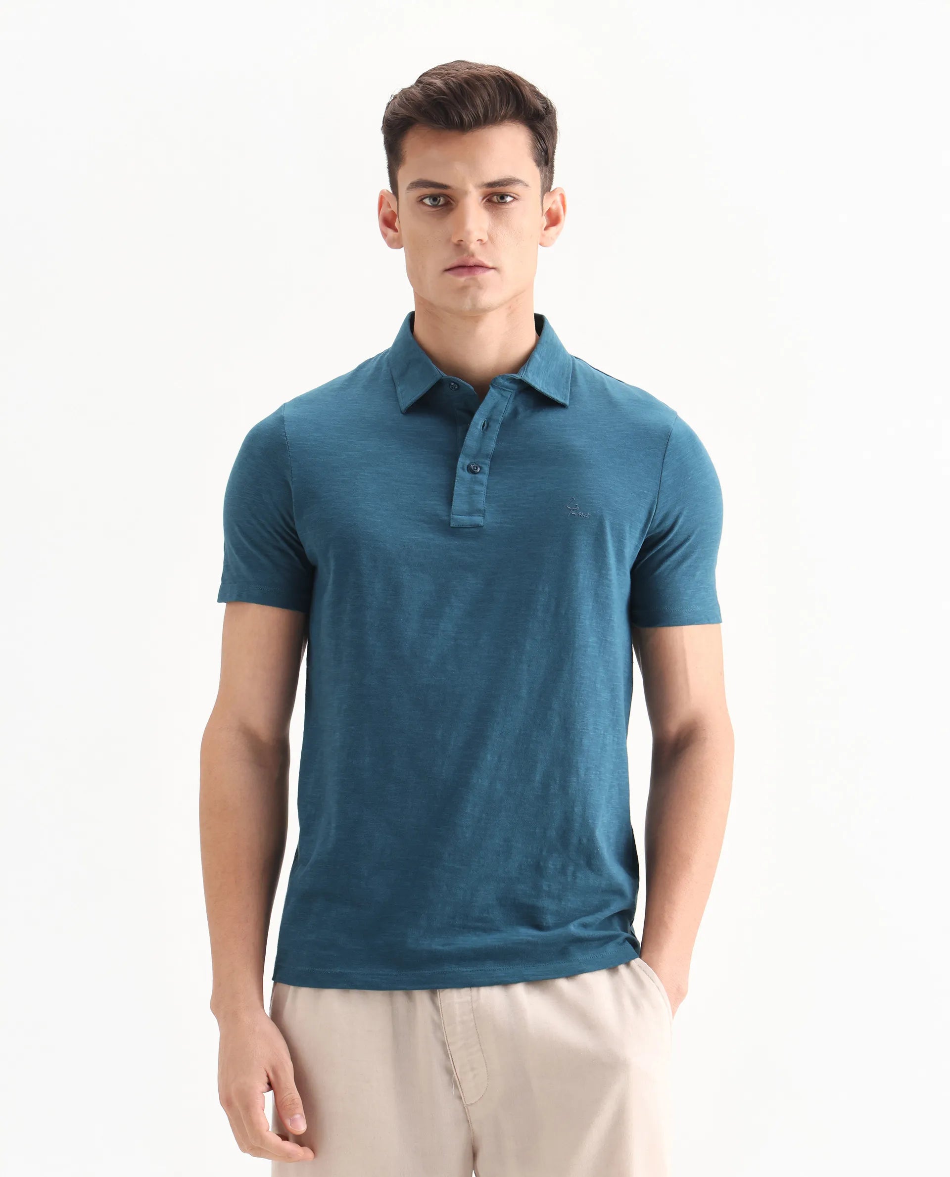 Rare Rabbit Men's Trent Petrol Cotton Plain Regular Fit Half Sleeve Polo