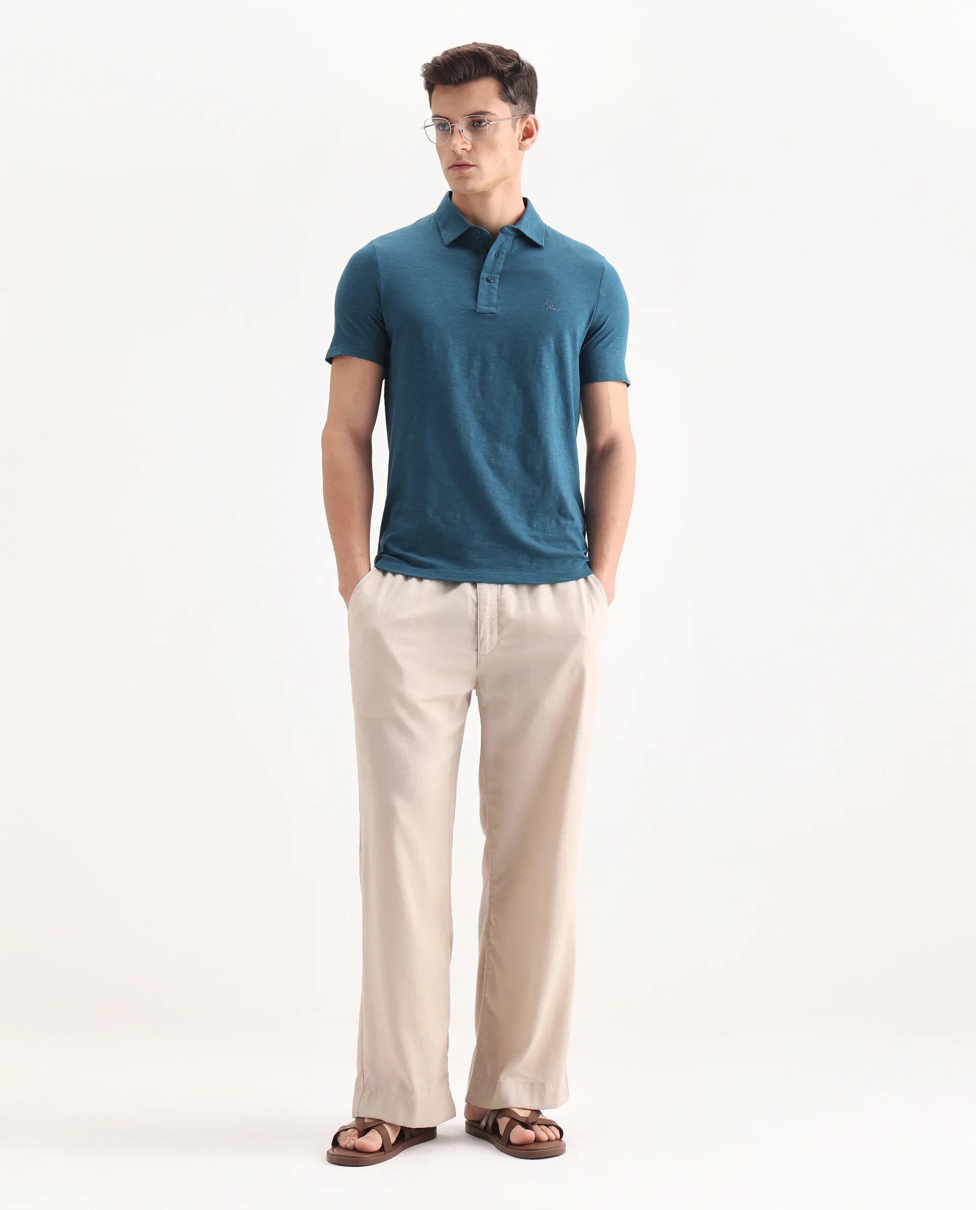 Rare Rabbit Men's Trent Petrol Cotton Plain Regular Fit Half Sleeve Polo