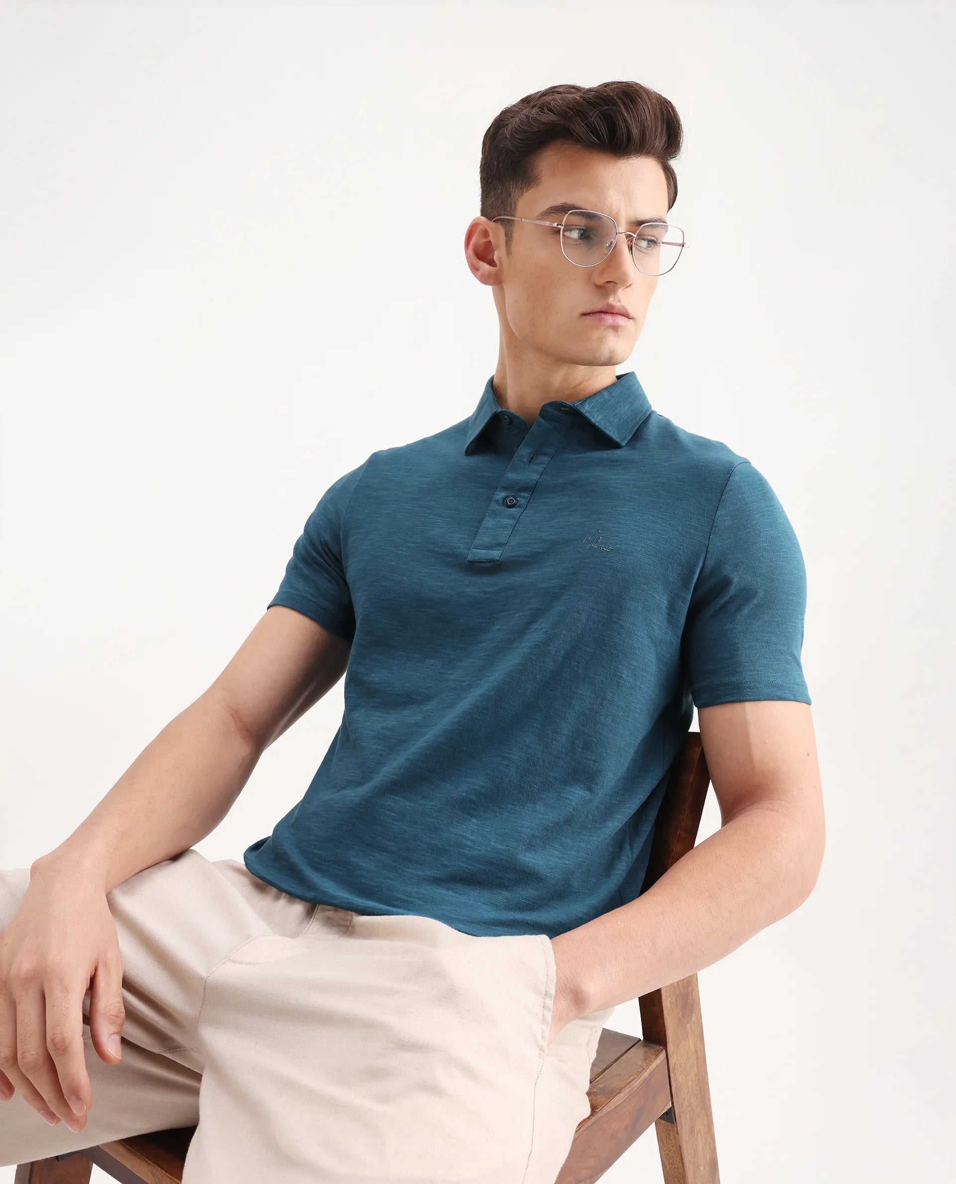 Rare Rabbit Men's Trent Petrol Cotton Plain Regular Fit Half Sleeve Polo