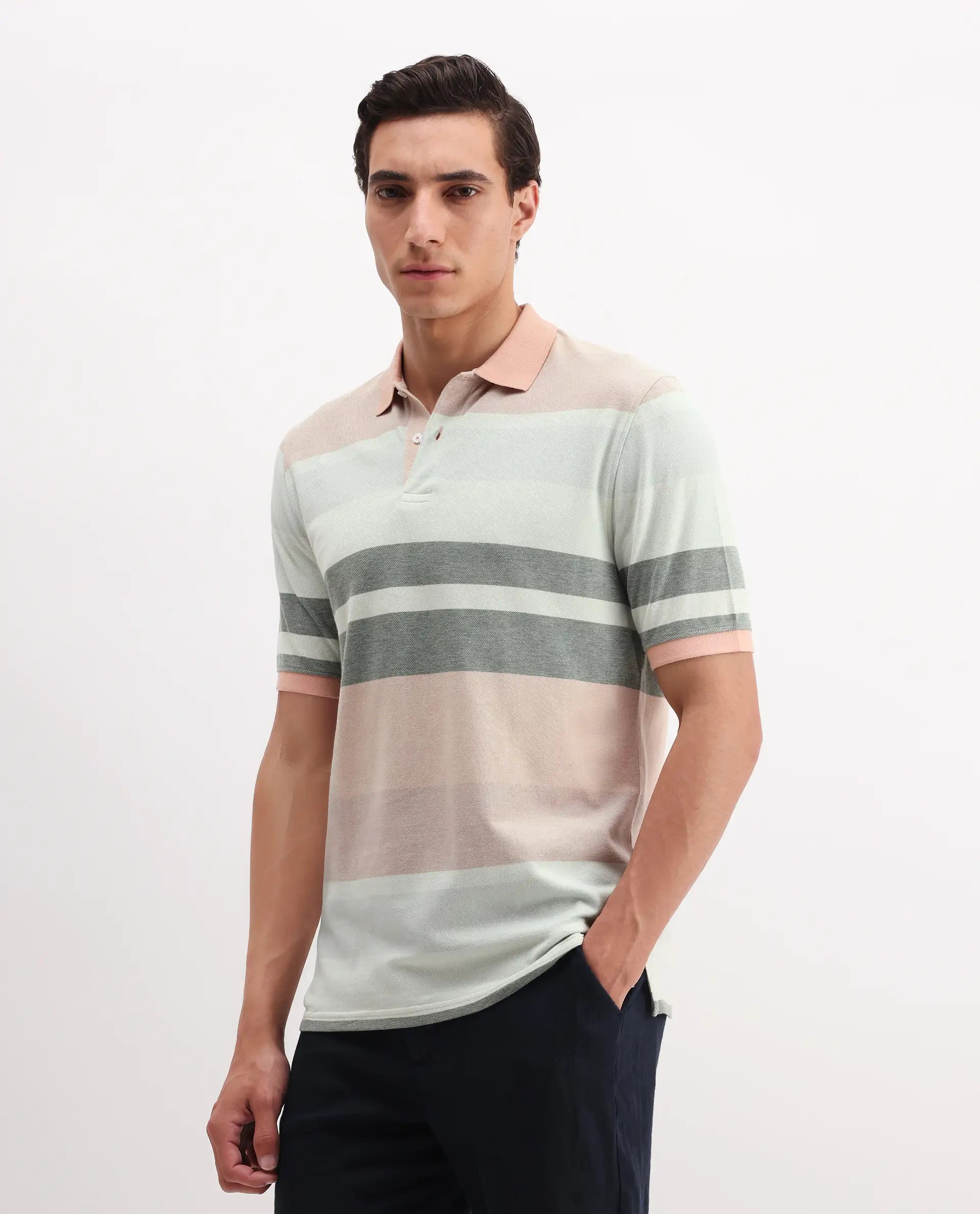 Rare Rabbit Men's Trenz Green Cotton Striped Print Regular Fit Half Sleeve Polo