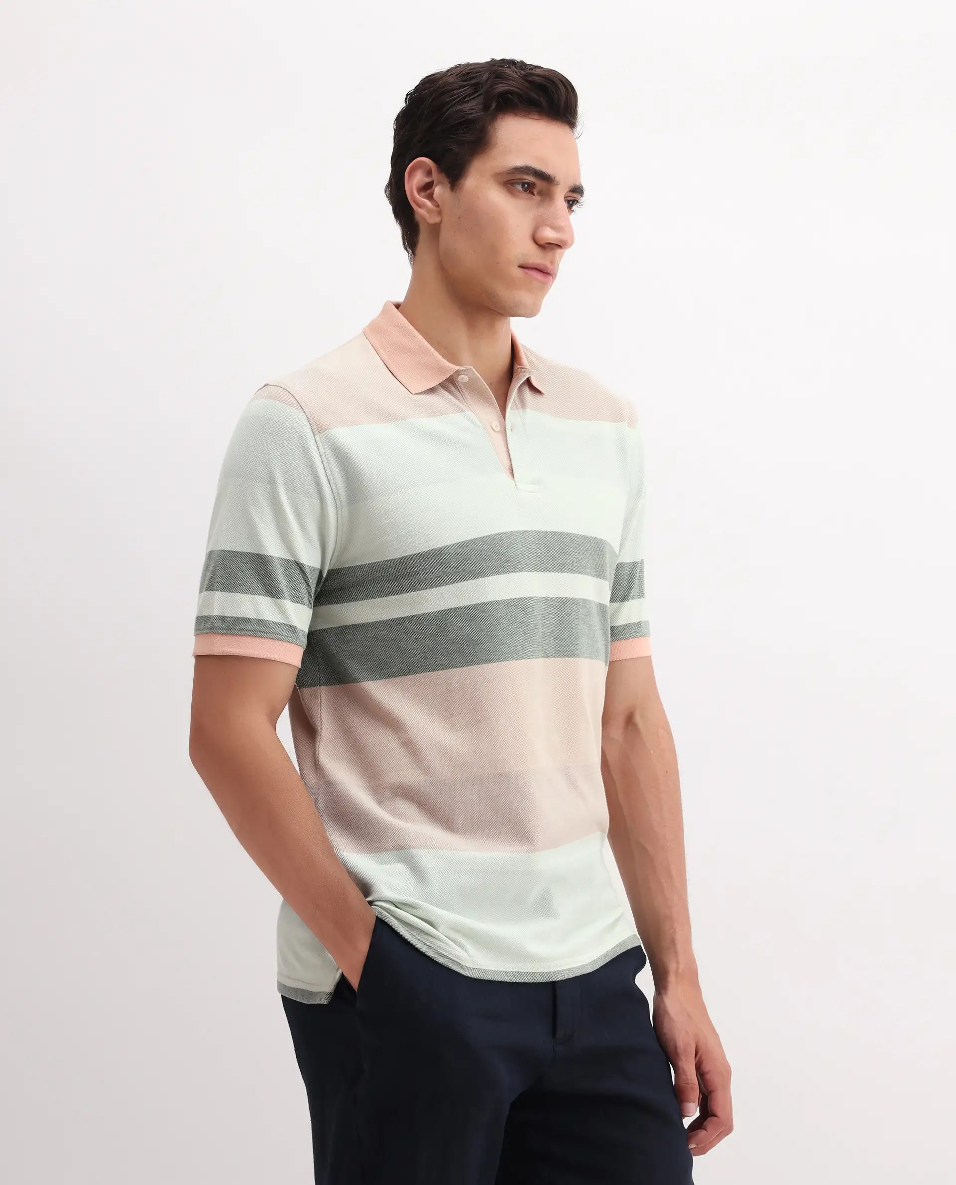 Rare Rabbit Men's Trenz Green Cotton Striped Print Regular Fit Half Sleeve Polo