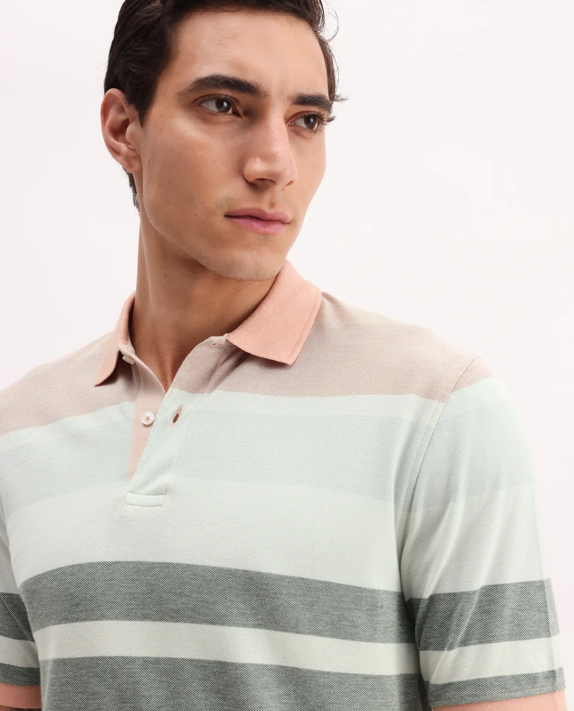 Rare Rabbit Men's Trenz Green Cotton Striped Print Regular Fit Half Sleeve Polo