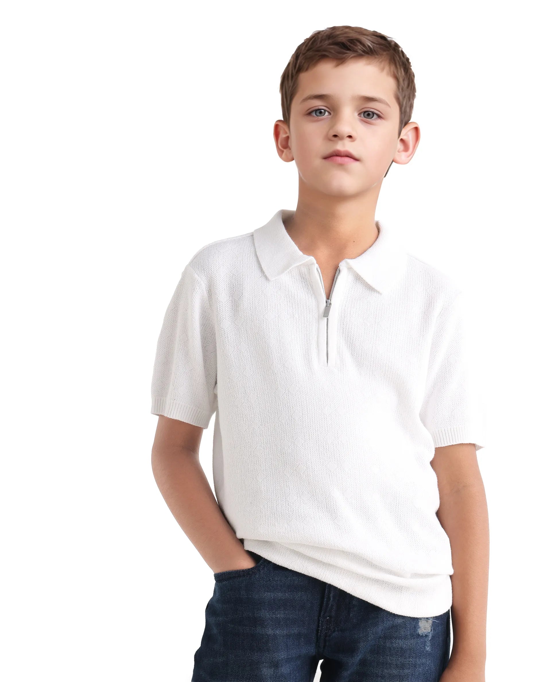 Rare Ones Kids Treo Off White Jacquard Zipper Closure Regular Fit Polo