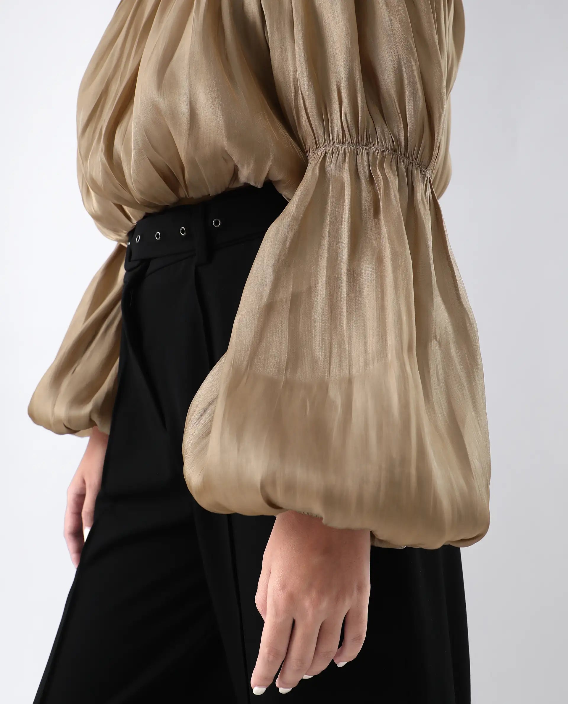 Rareism Women's Trese Gold Polyester Plain Fashion Sleeve Crop Regular Fit Top