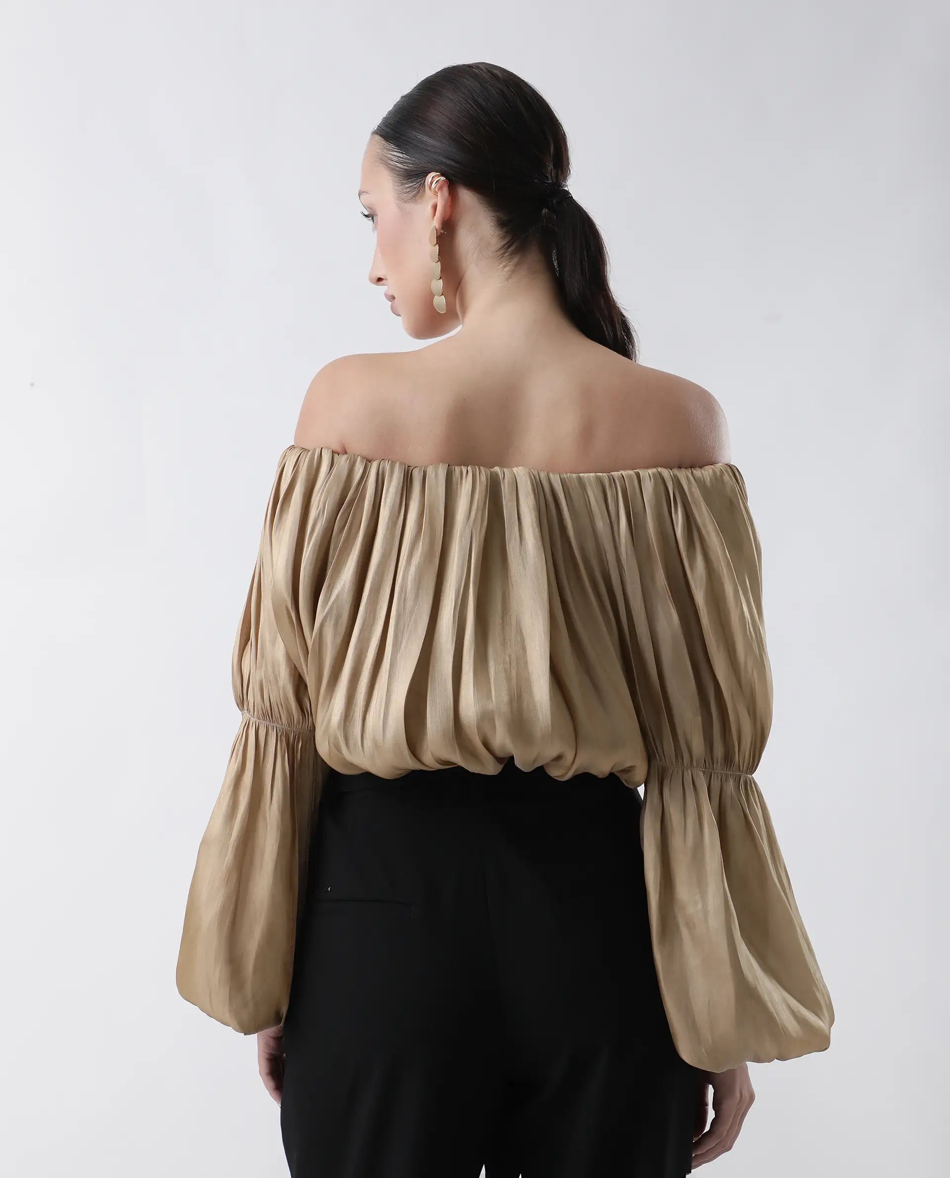 Rareism Women's Trese Gold Polyester Plain Fashion Sleeve Crop Regular Fit Top