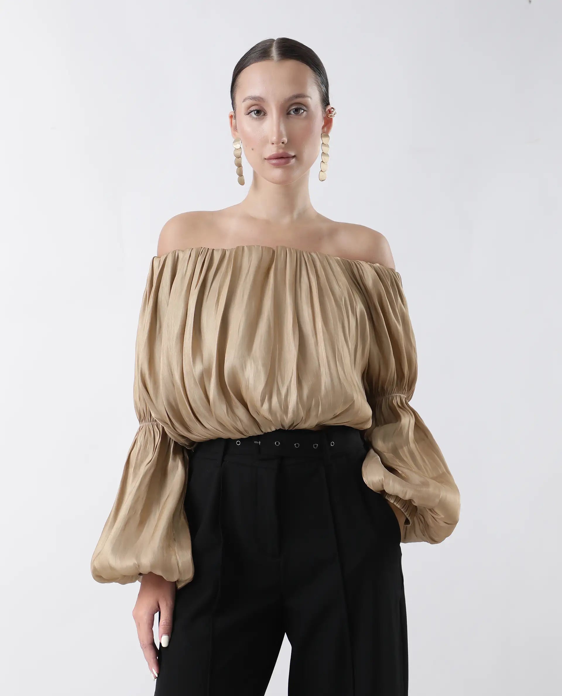 Rareism Women's Trese Gold Polyester Plain Fashion Sleeve Crop Regular Fit Top